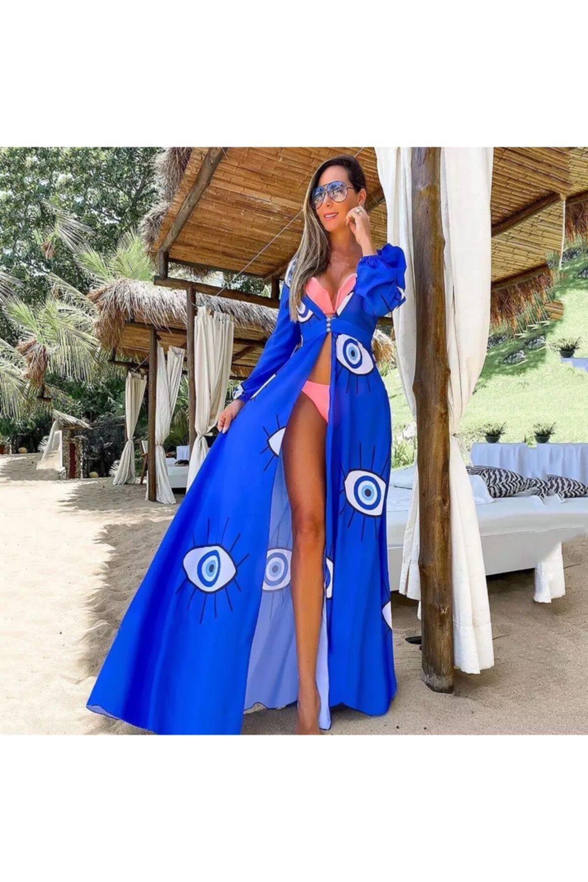 Lüks Moda Nazar Göz Desen Pareo Plaj Elbise Mavi Gözler Cover Up