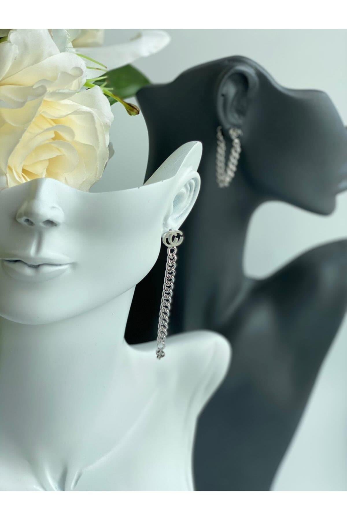Lüks Moda Zincir Çift Kullanım Çelik Küpe Gümüş Gri Halka Sarkıt