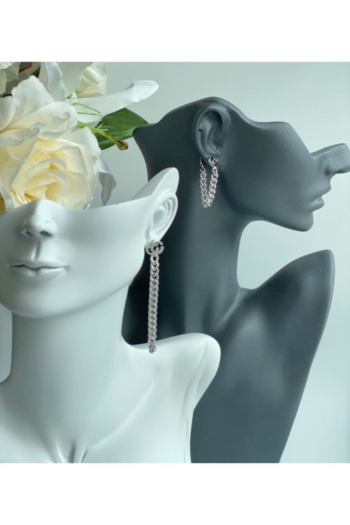 Lüks Moda Zincir Çift Kullanım Çelik Küpe Gümüş Gri Halka Sarkıt
