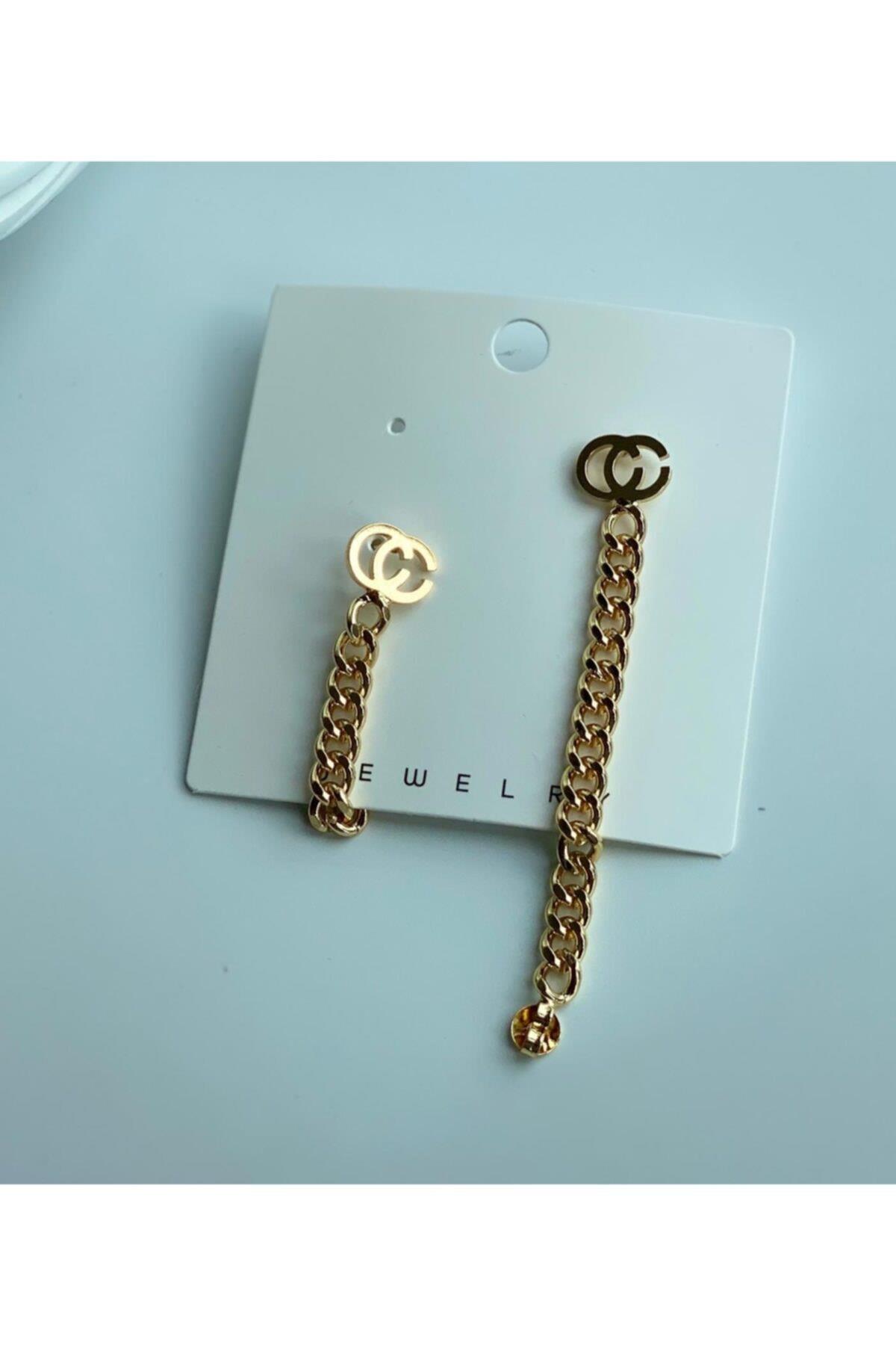 Lüks Moda Zincir Çift Kullanım Çelik Küpe Gold Altın Halka Sarkıt