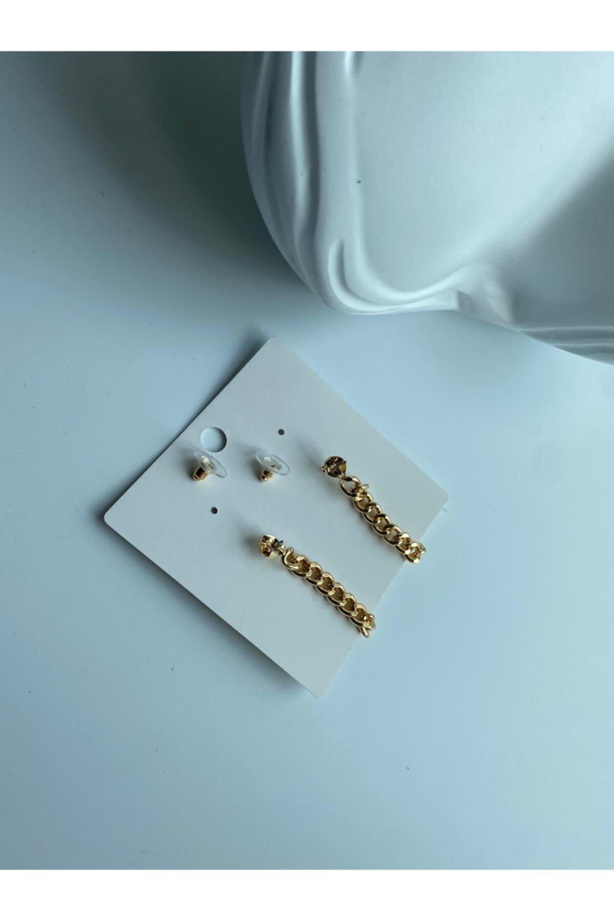 Lüks Moda Zincir Çift Kullanım Çelik Küpe Gold Altın Halka Sarkıt