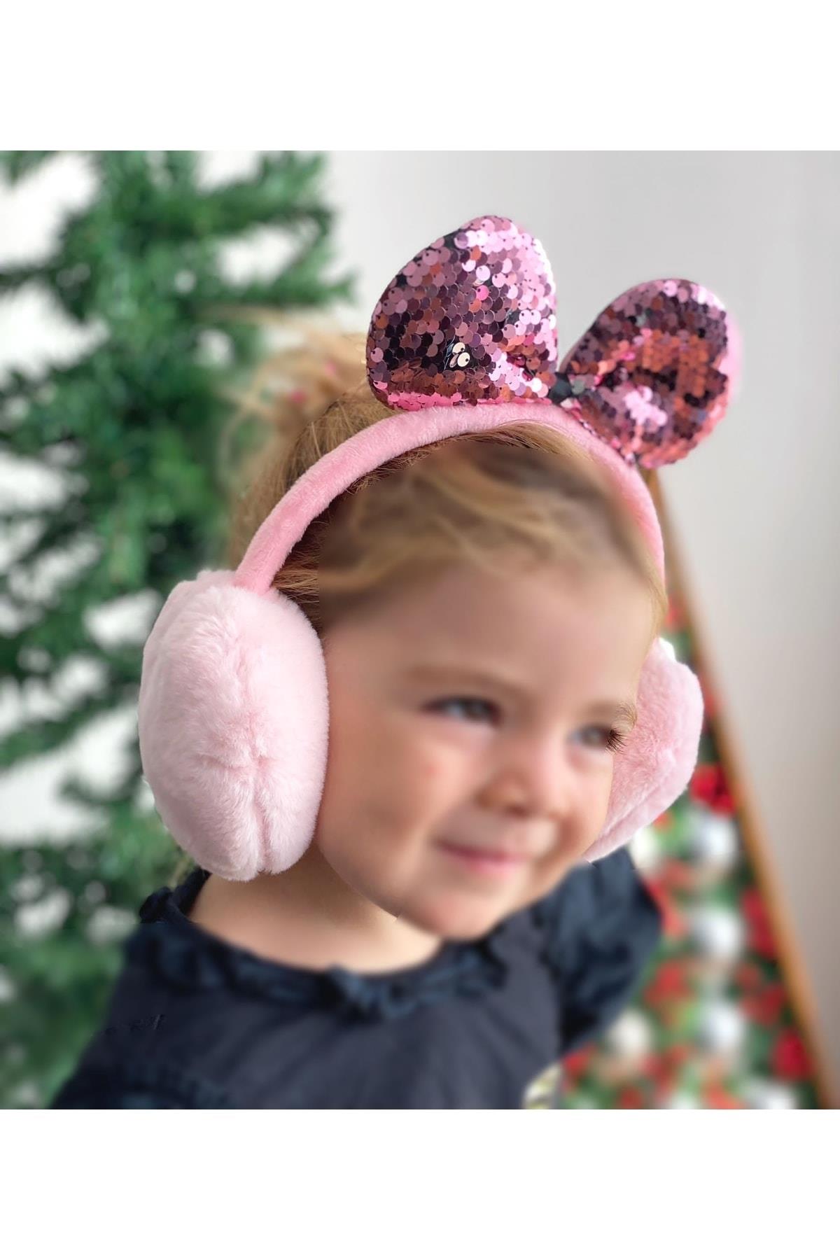 Lüks Pullu Parlak Minnie Mouse Fare Kulaklı Peluş Çocuk Yetişkin Kulaklığı Pembe