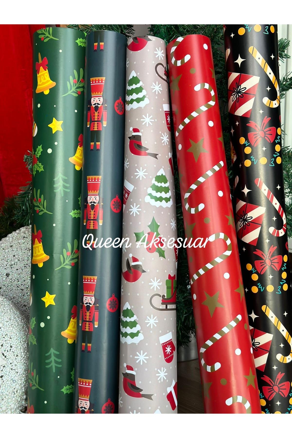 Lüks yılbaşı 5li rulo hediye paketi ambalaj set fındıkkıran kokina şeker karışık desenli 5x70-100
