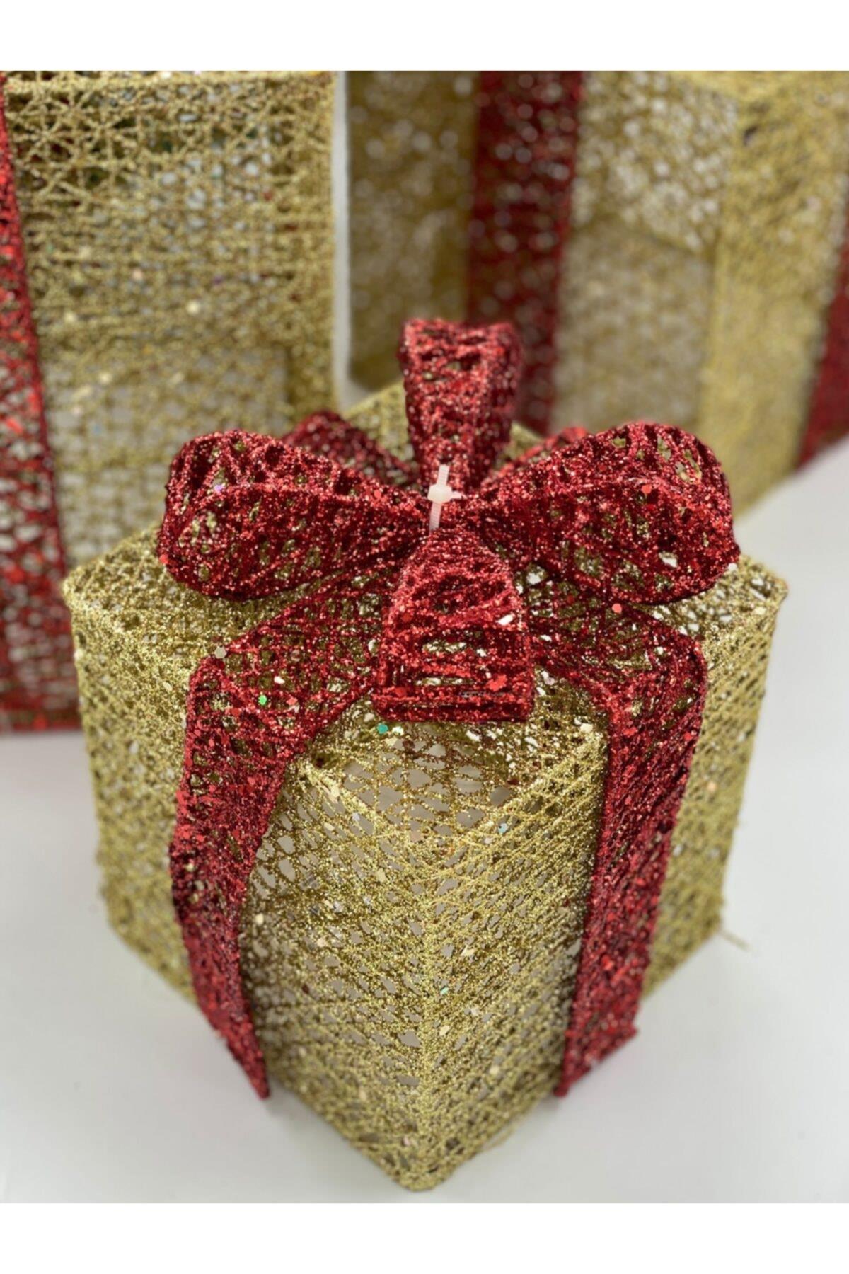 Lüks Yılbaşı Christmas 3lü Simli Gold Fiyonklu Metal Hediye Paketi Seti Çam Ağacı Dekorasyon Süs