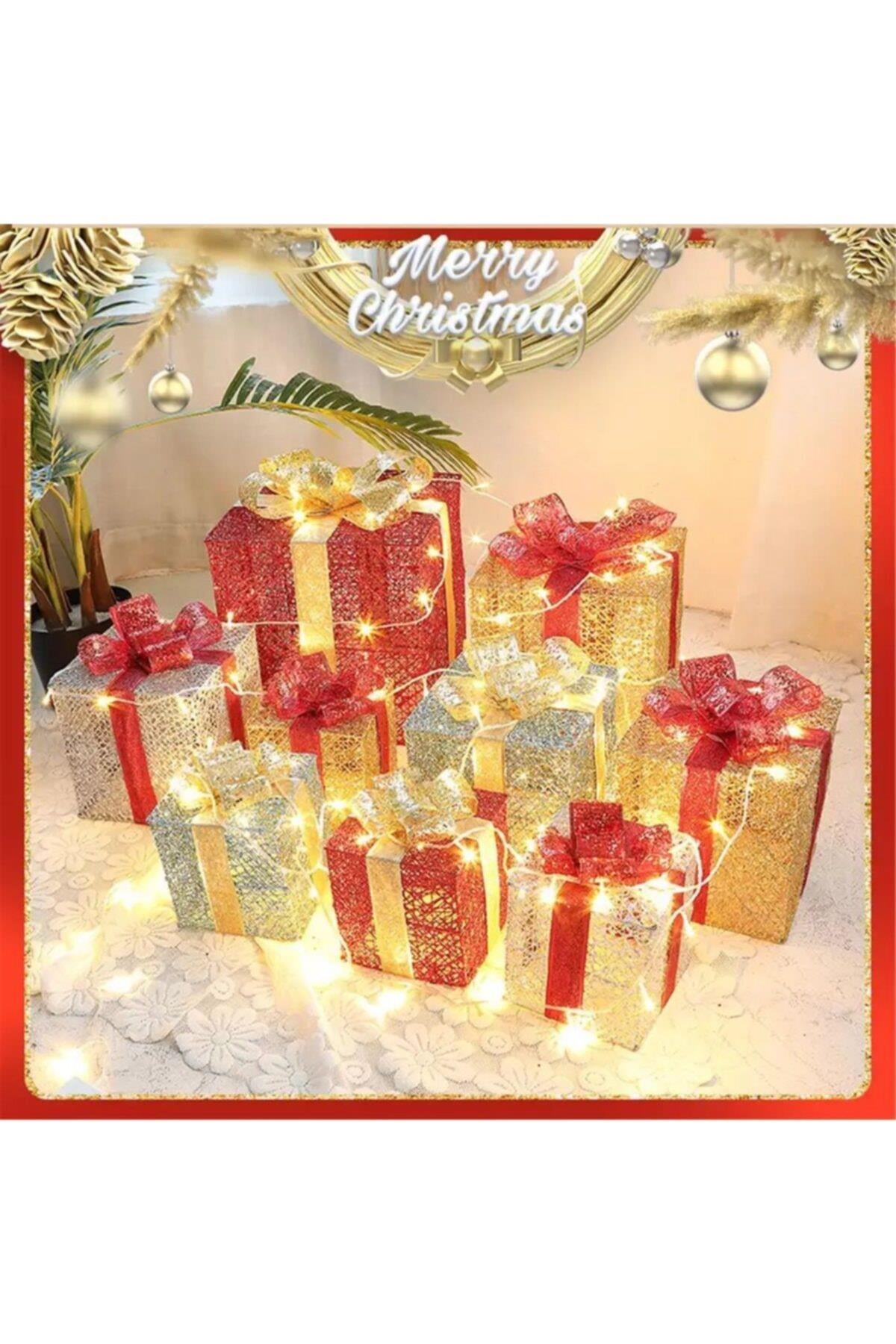 Lüks Yılbaşı Christmas 3lü Simli Gold Fiyonklu Metal Hediye Paketi Seti Çam Ağacı Dekorasyon Süs