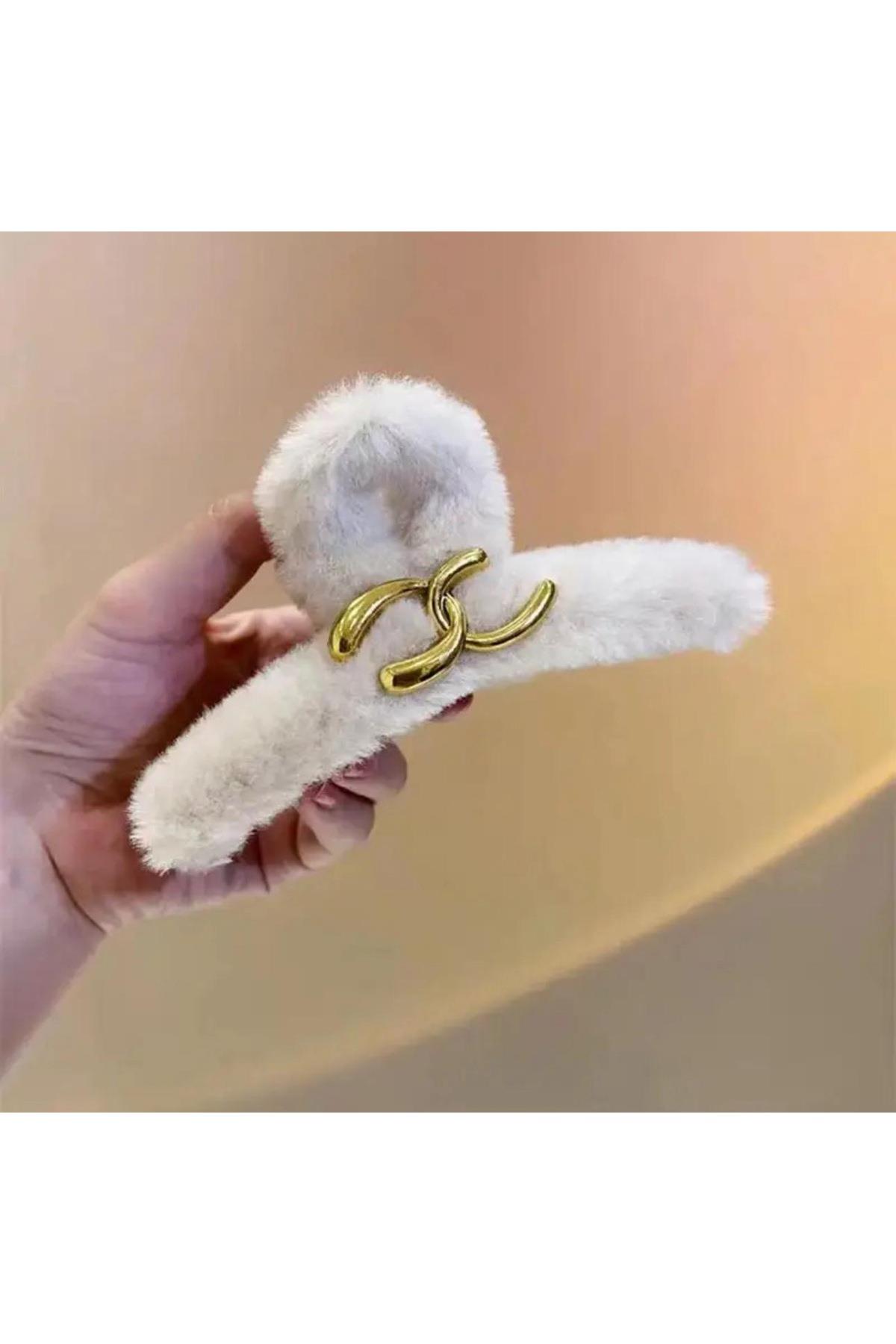 Marka moda Fransız model trend İthal lüks büyük boy peluş tüylü mandal klipsli toka beyaz