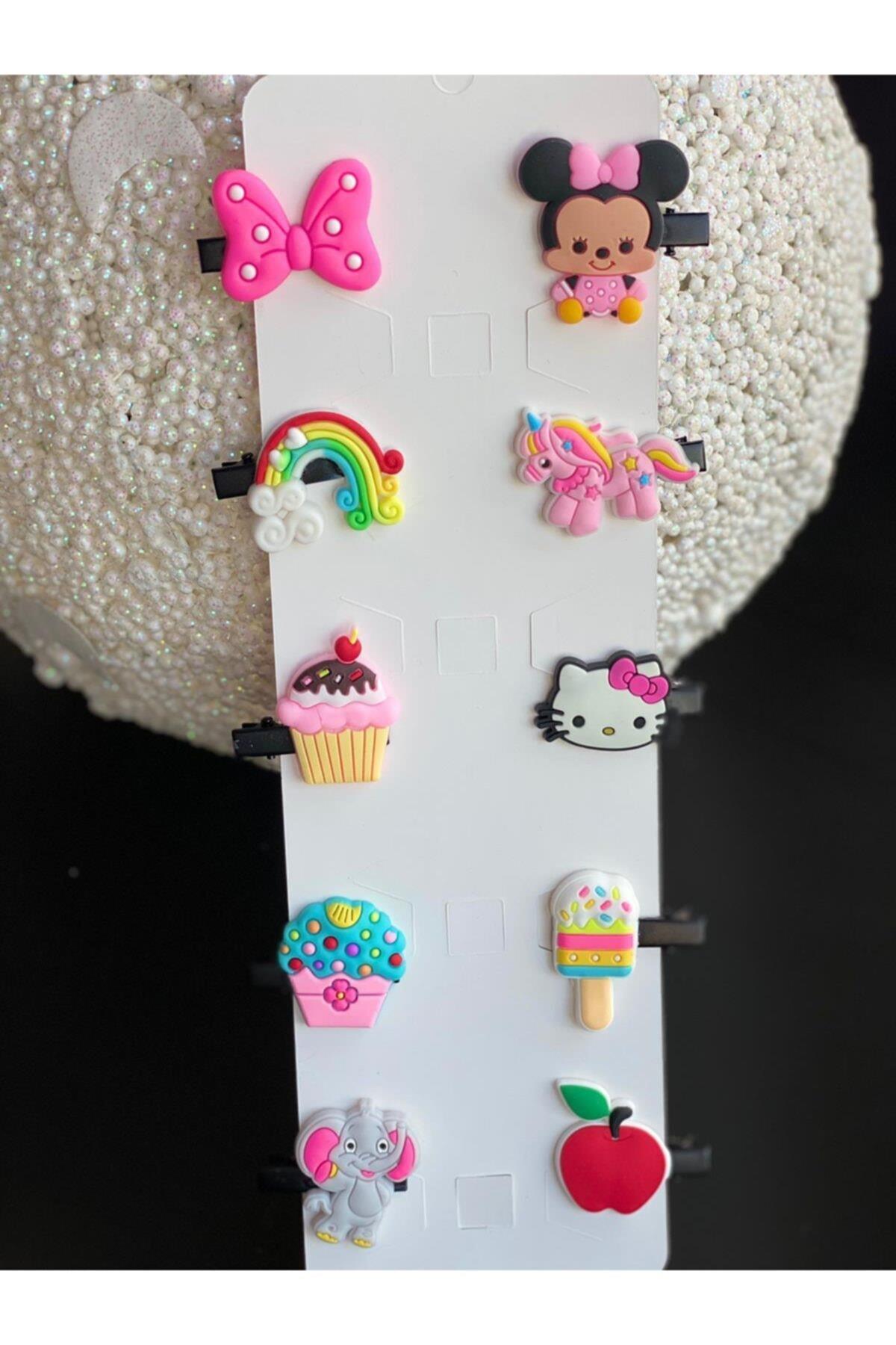 Mini Figürlü Minnie Cupcake Unicorn Fiyonk Gökkuşağı Bebek Çocuk Toka Seti  10 Lu