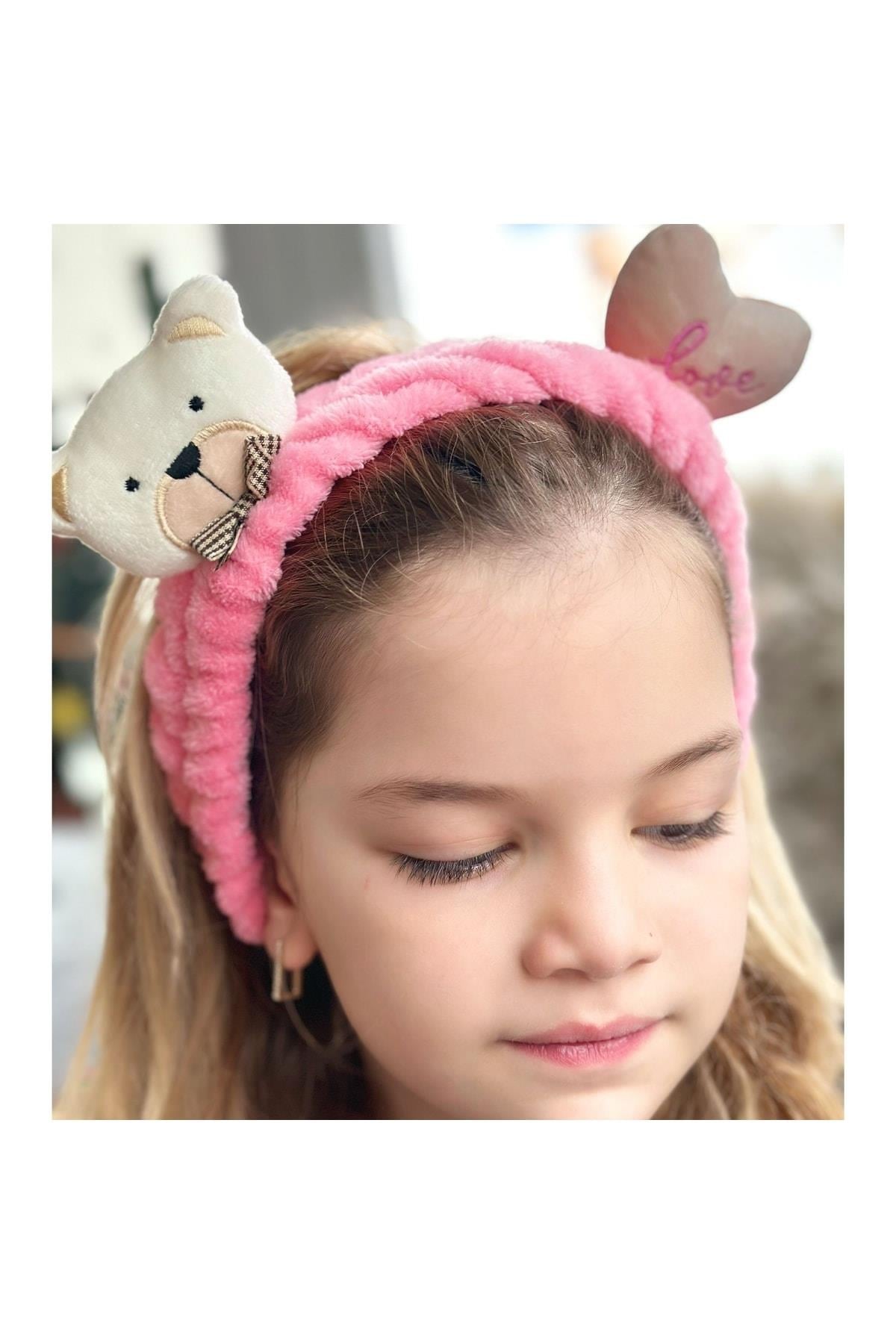 Moda Peluş Oyuncak Ayı Kalp 3d Oyuncaklı Bebek Çocuk Kadın Makyaj Bandana Saç Bantı Lastikli Pembe