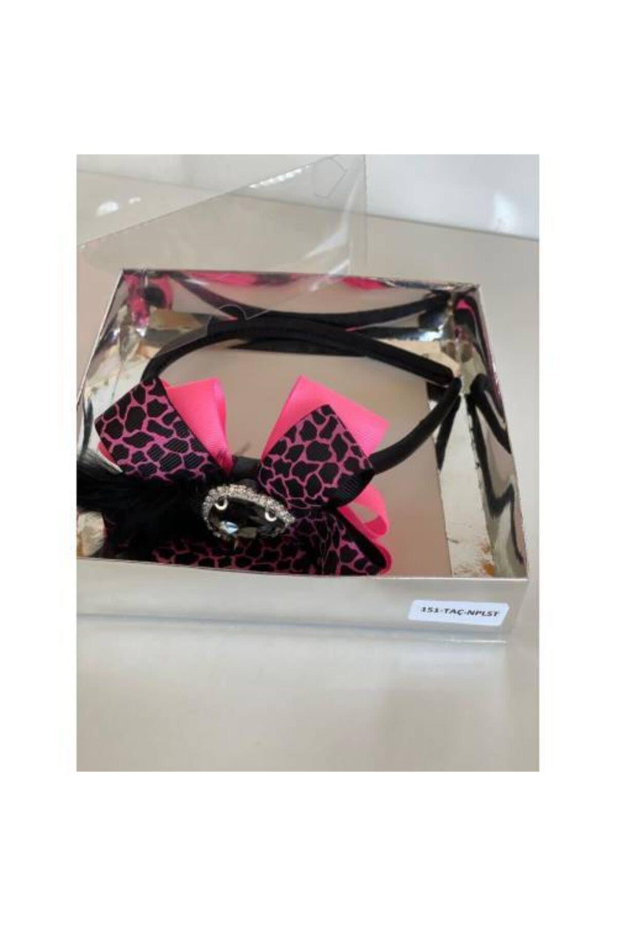 Neon Pembe Leopar Desenli Siyah Tüylü Anne Kız Çocuk Bebek Hediye Taç