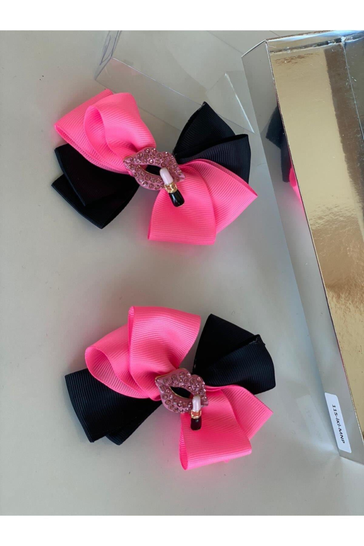 Neon Pembe Siyah 2' Li Metal Dudak Broşlu Kız Çocuk Kız Bebek Pensli Toka