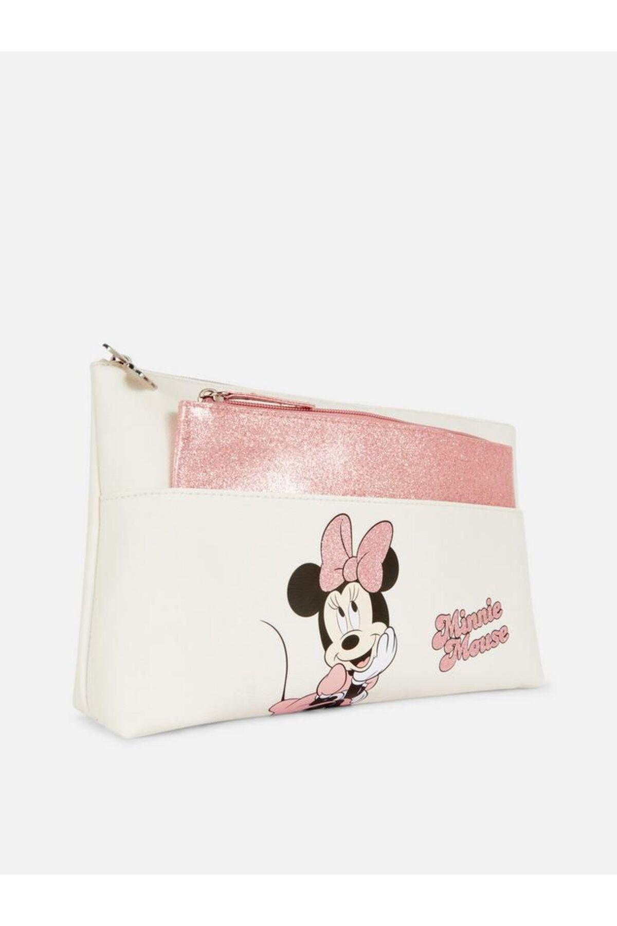 Orijinal Disney minnie mouse simli pembe parlak aksesuarlı 2 li makyaj kozmetik el çantası seti