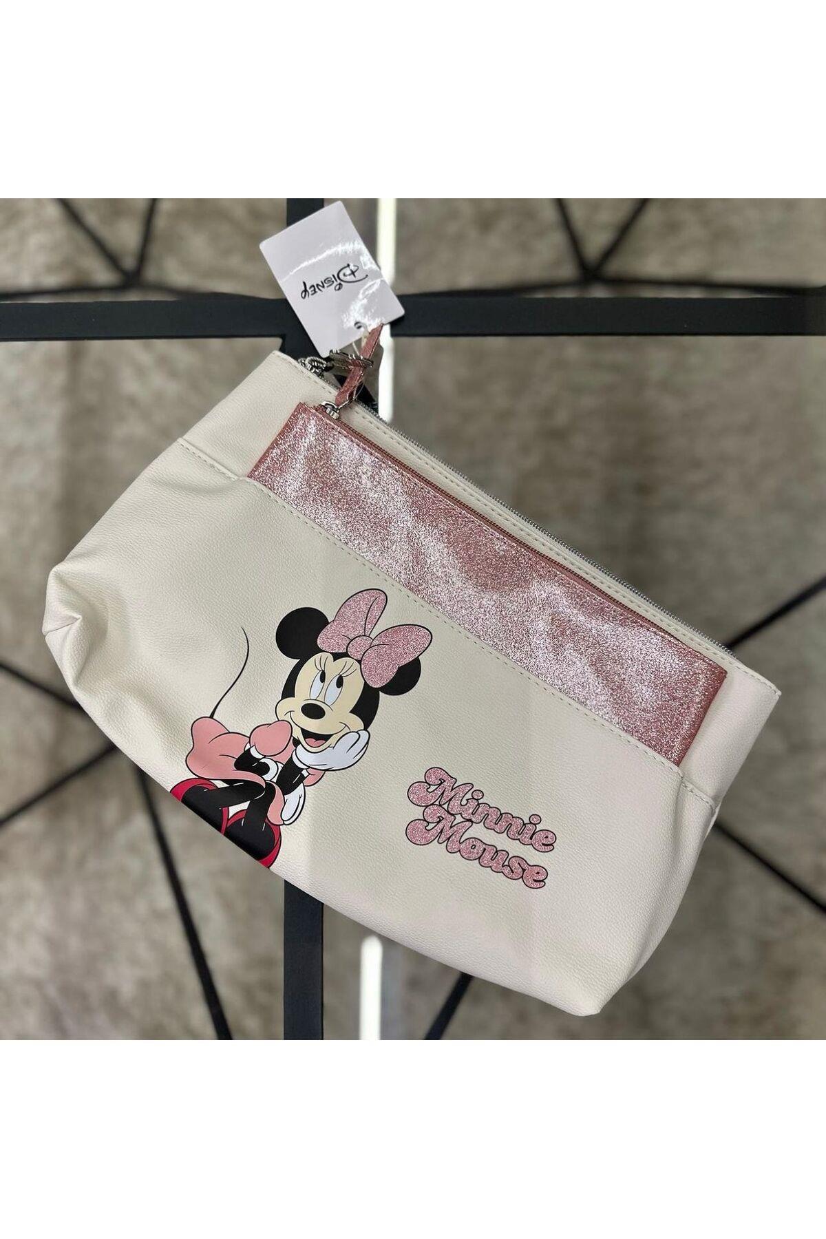 Orijinal Disney minnie mouse simli pembe parlak aksesuarlı 2 li makyaj kozmetik el çantası seti
