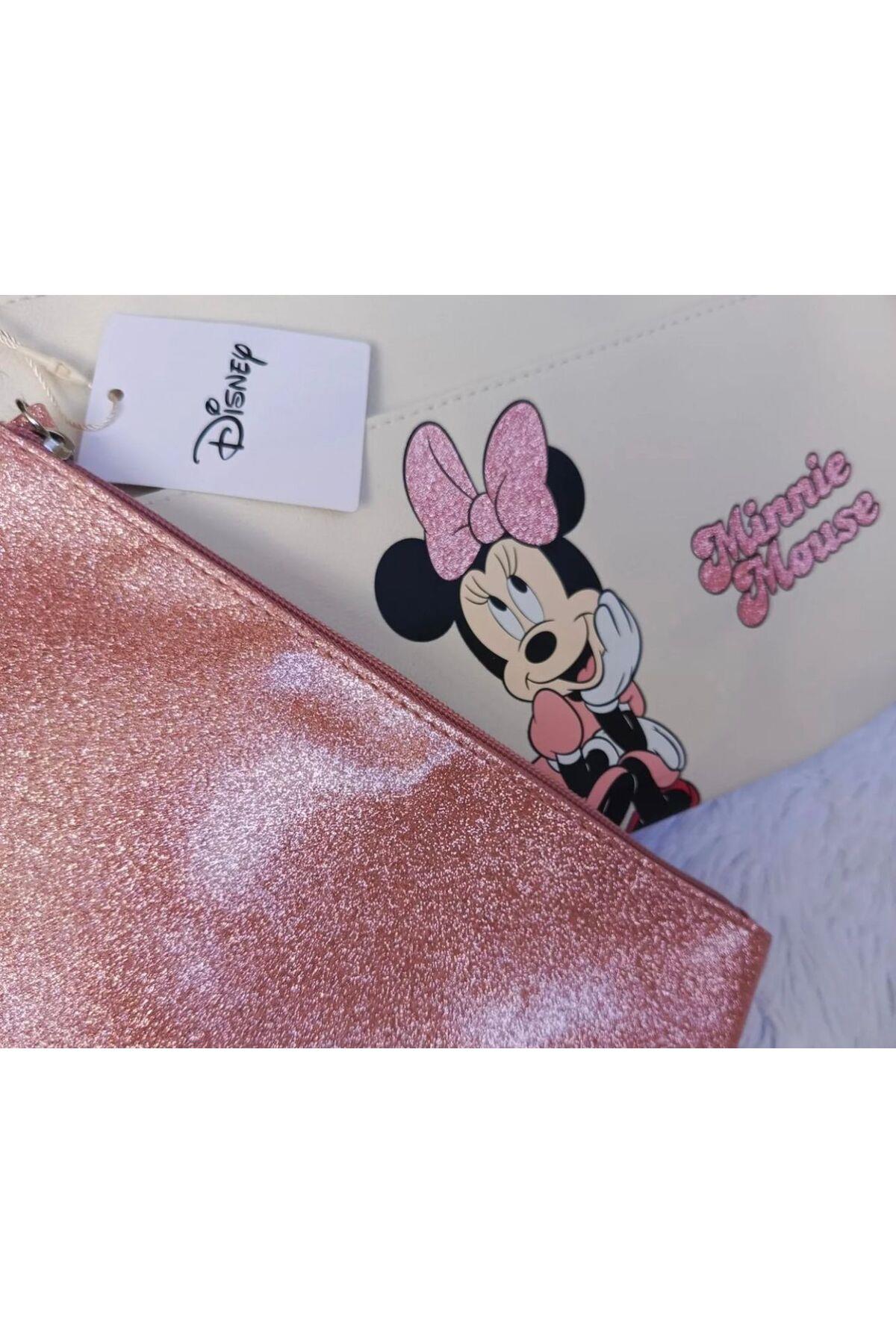 Orijinal Disney minnie mouse simli pembe parlak aksesuarlı 2 li makyaj kozmetik el çantası seti