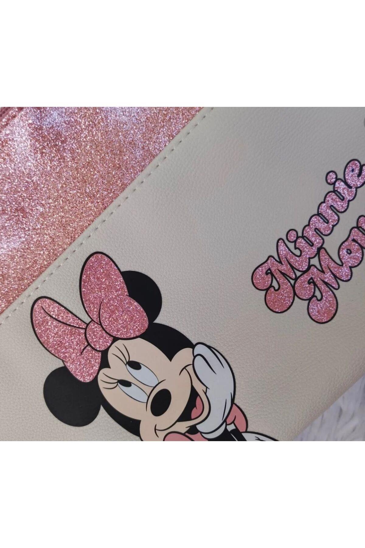 Orijinal Disney minnie mouse simli pembe parlak aksesuarlı 2 li makyaj kozmetik el çantası seti
