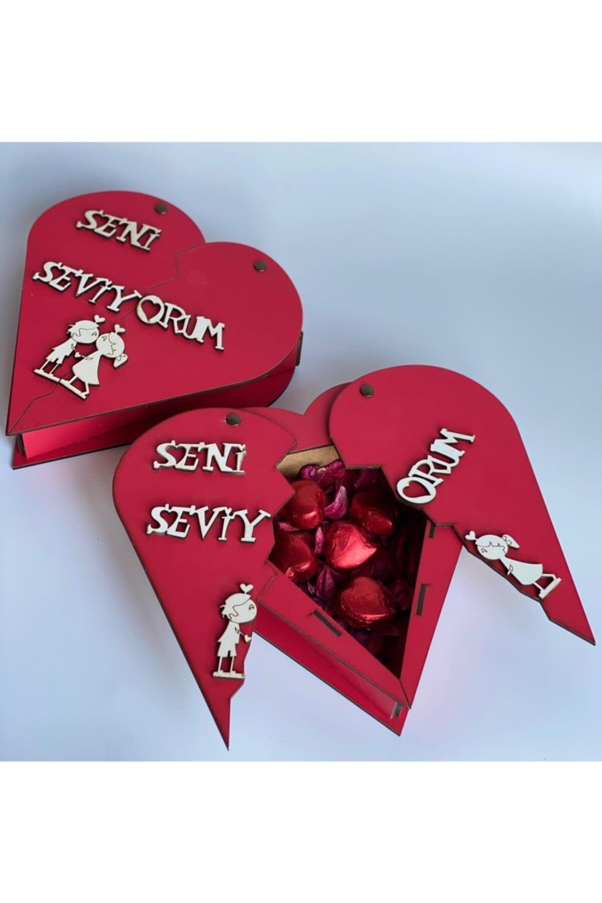 Özel Sürgülü Kapaklı Kalp Hediye Gül Çikolata Kutu Seni Seviyorum