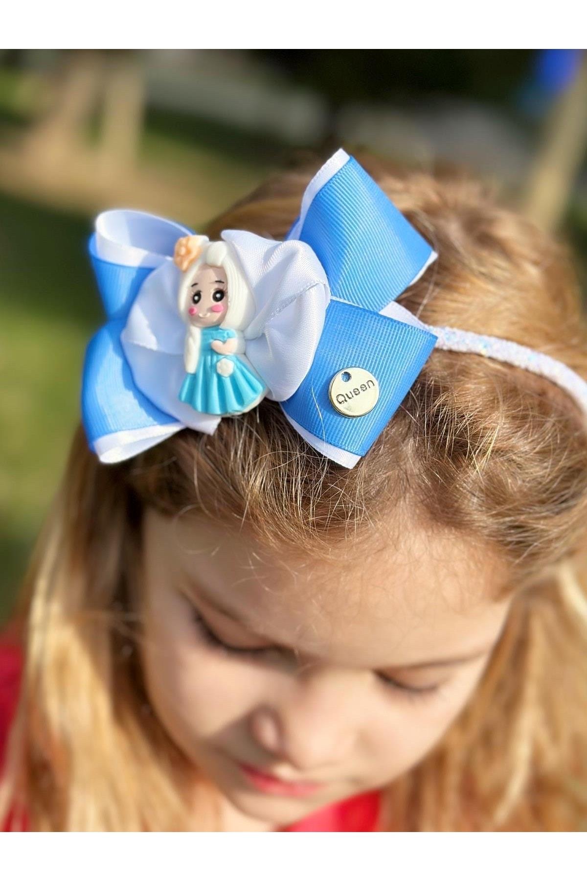 Özel Tasarım Lüks Simli Taç Sevimli Elsa Frozen Fiyonk Çocuk Kadın Tacı Mavi Beyaz