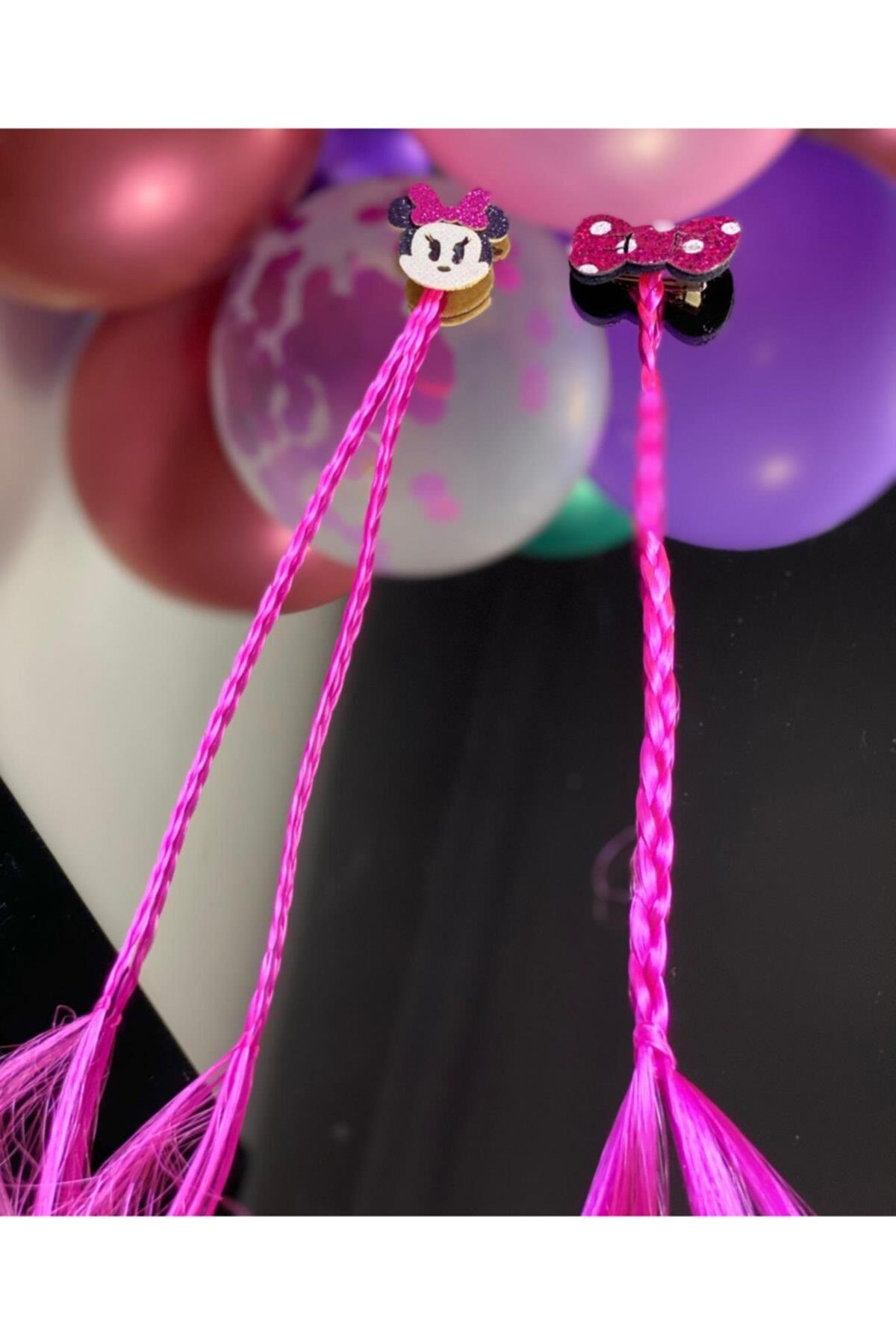 Pembe Örgü Minnie Ve Fiyonk Çocuk Takma Saç Postiş Toka 2li Simli Pullu