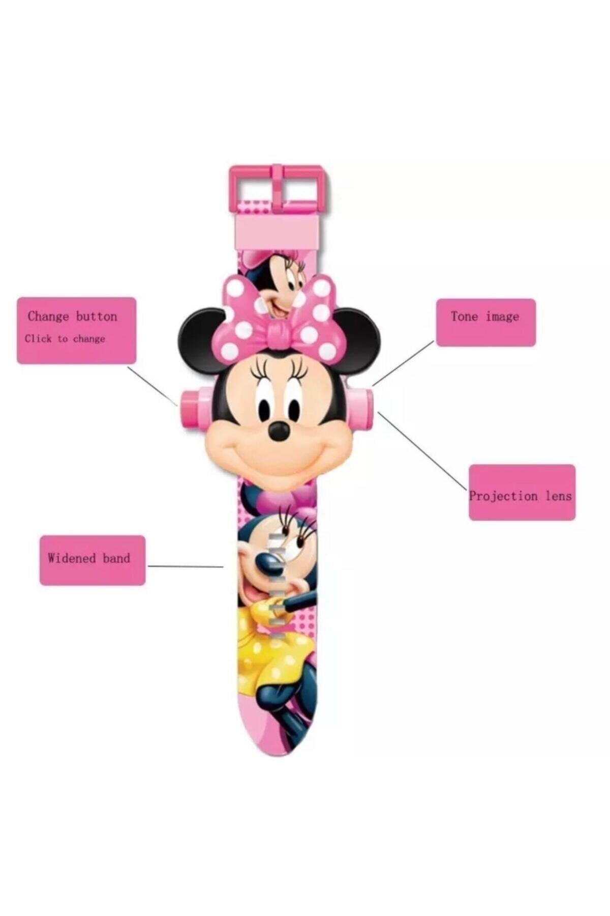 Projeksiyon Işıklı Resimli Pembe Dijital Çocuk Saat Hediye Minnie