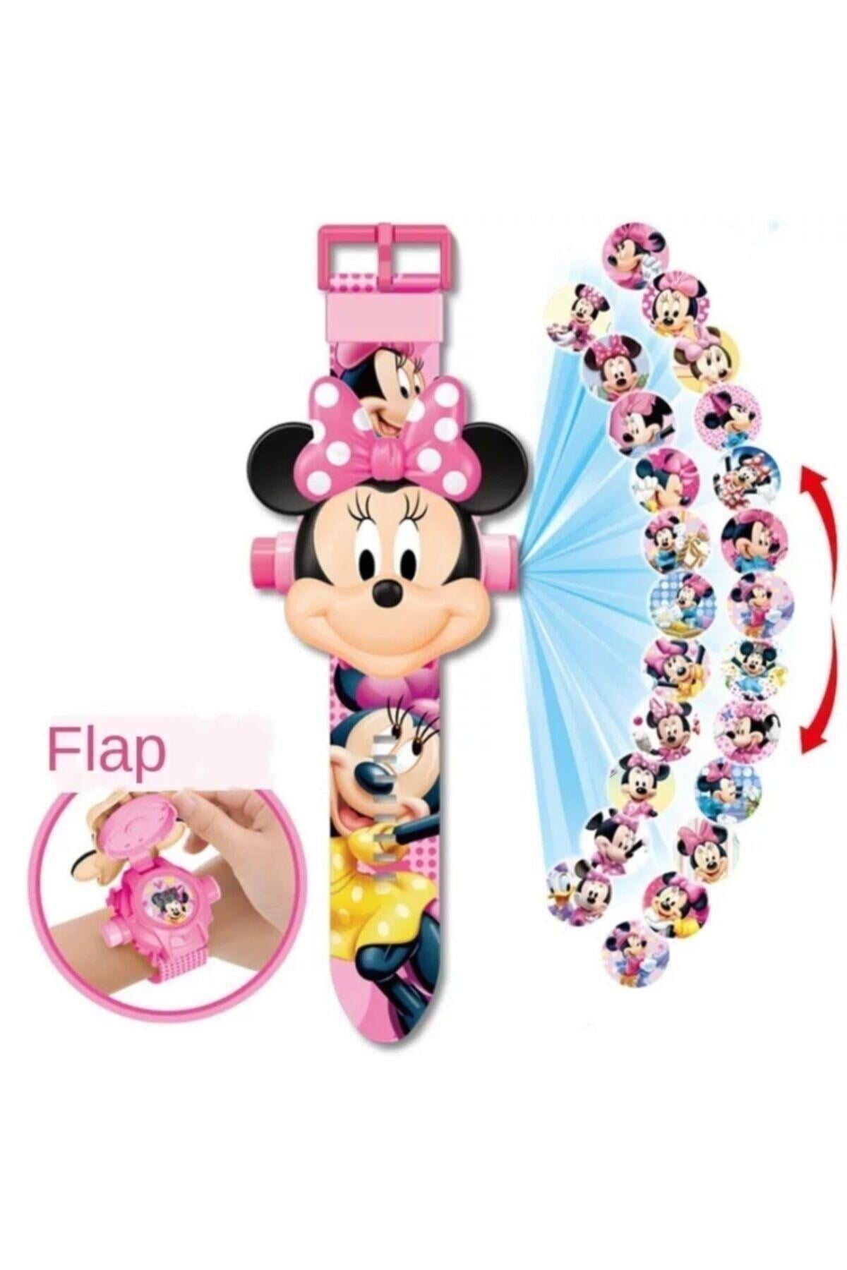 Projeksiyon Işıklı Resimli Pembe Dijital Çocuk Saat Hediye Minnie