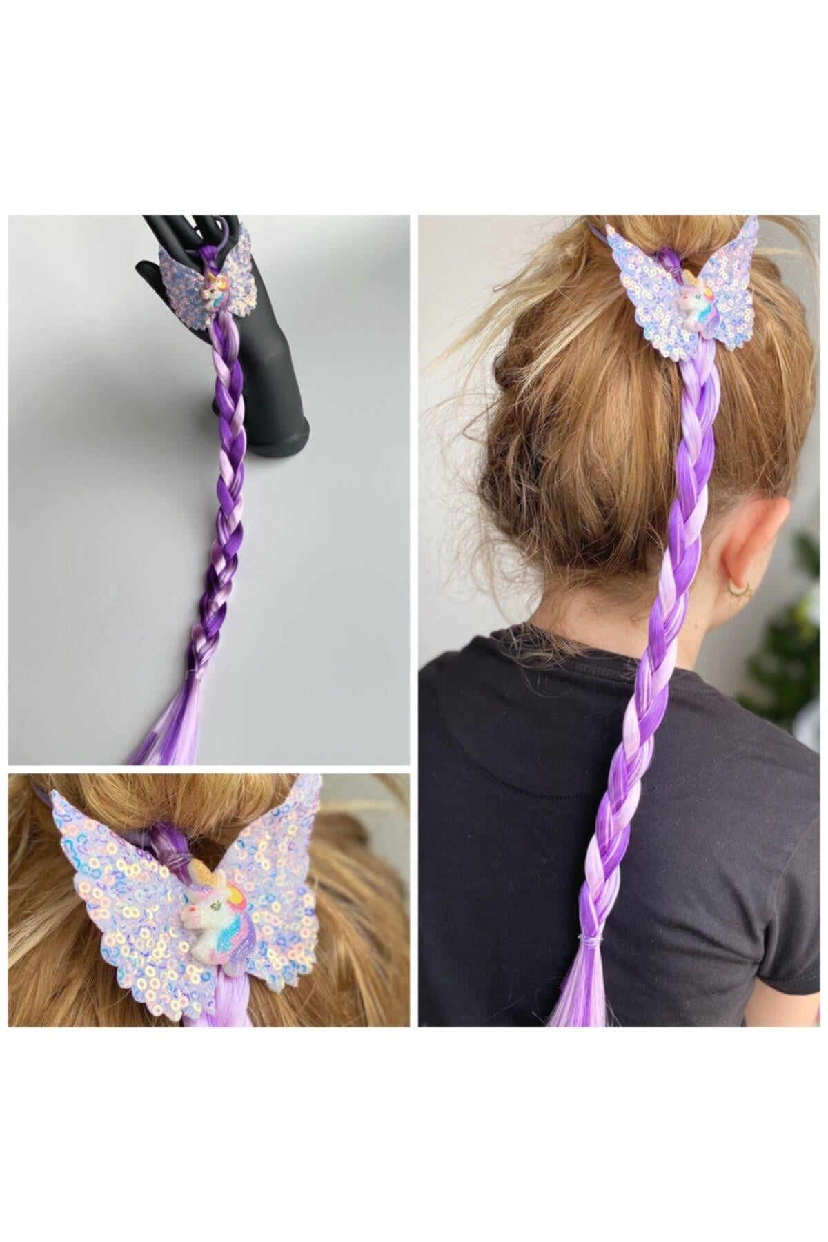 Pullu Melek Kanatlı Unicorn Parlak Lila Mor Rapunzel Uzun Örgü Saç Postiş Toka