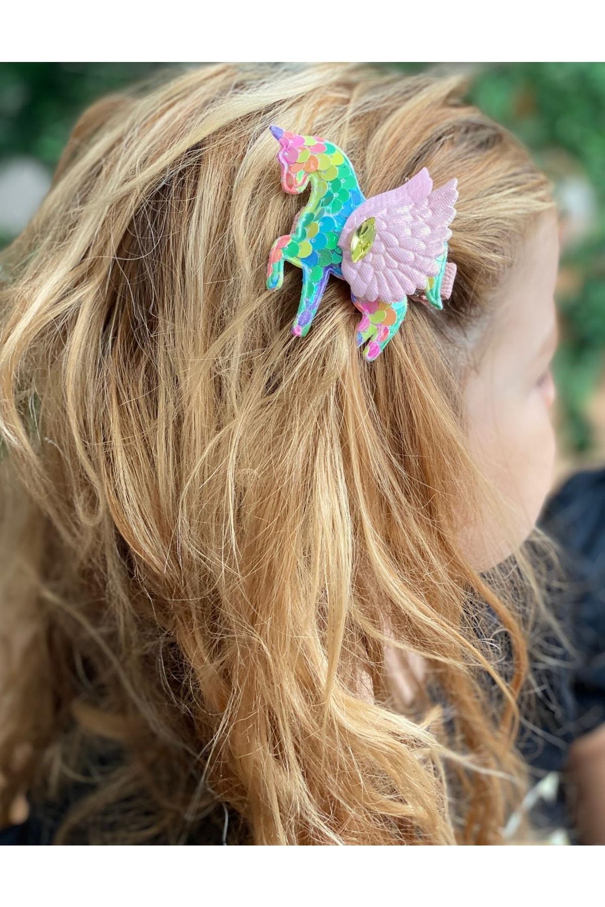 Pullu Taşlı Kanatlı Unicorn At Pensli Toka Seti 2li Renkli Gökkuşağı