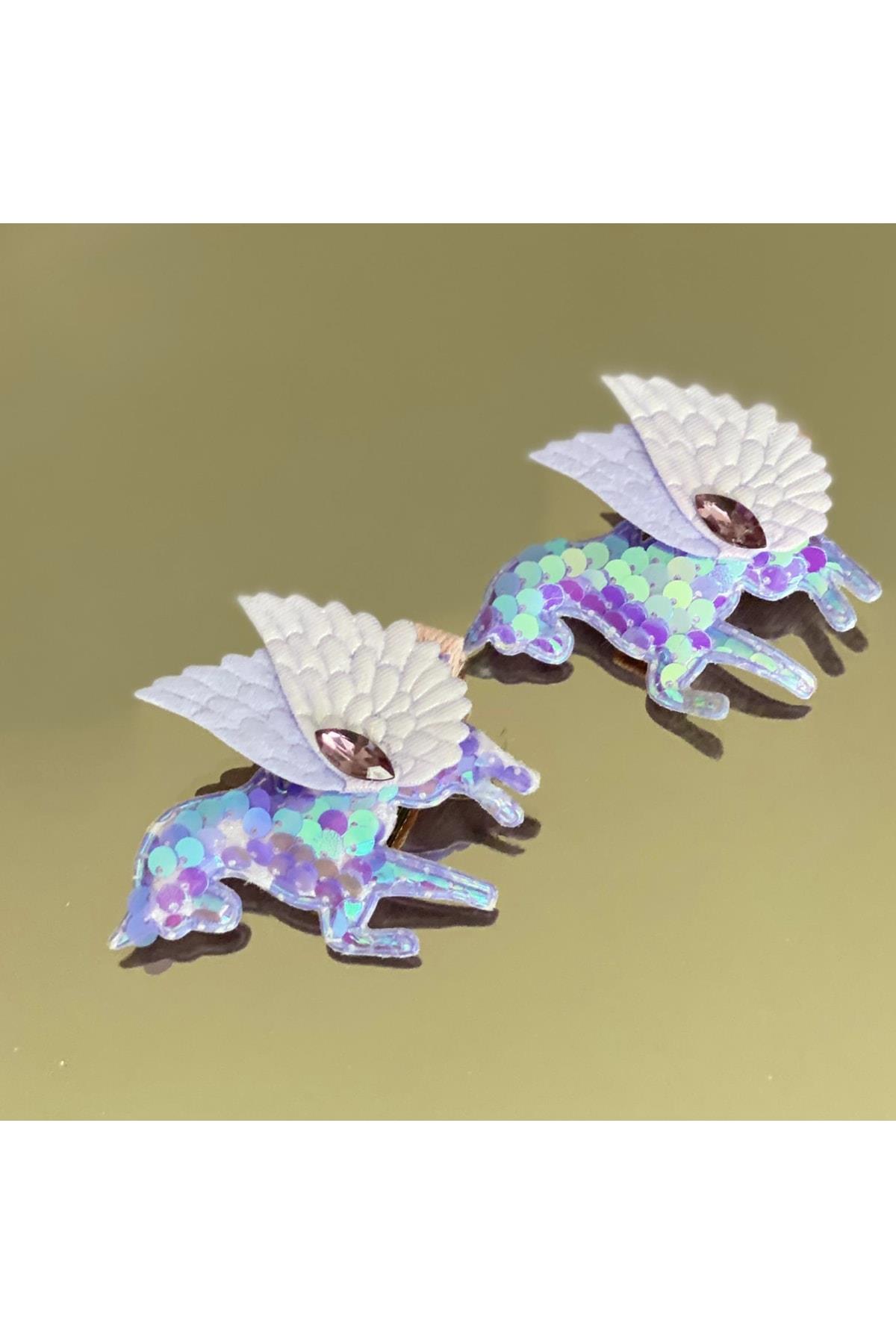 Pullu Taşlı Kanatlı Unicorn At Pensli Toka Seti 2li Lila Mor
