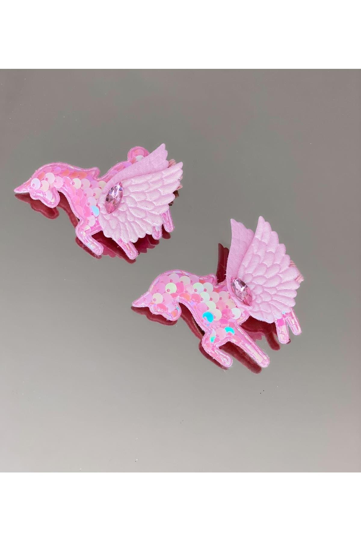 Pullu Taşlı Kanatlı Unicorn At Pensli Toka Seti 2li Pembe