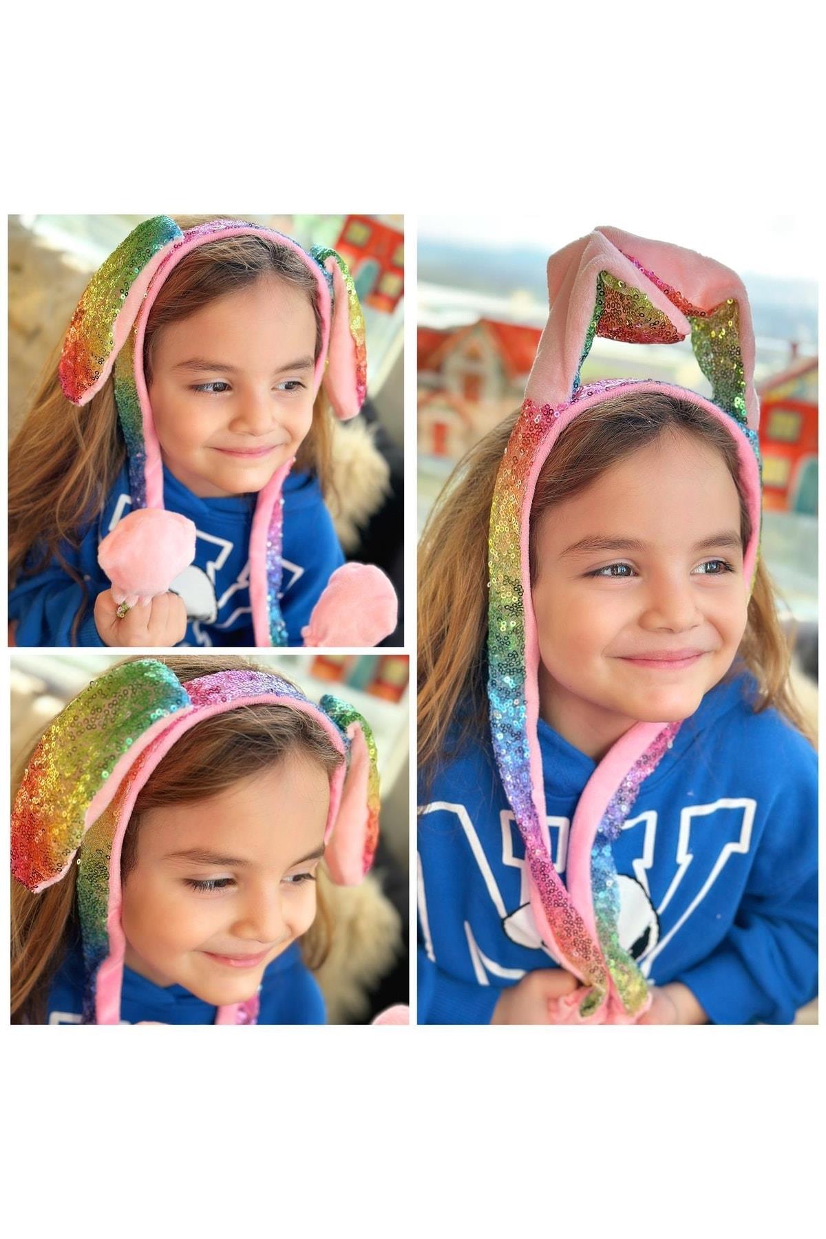 Renkli Gökkuşağı Unicorn Pullu Kulaklı Hareketli Oynar Pompalı Taç Kız Çocuk Yetişkin Tacı