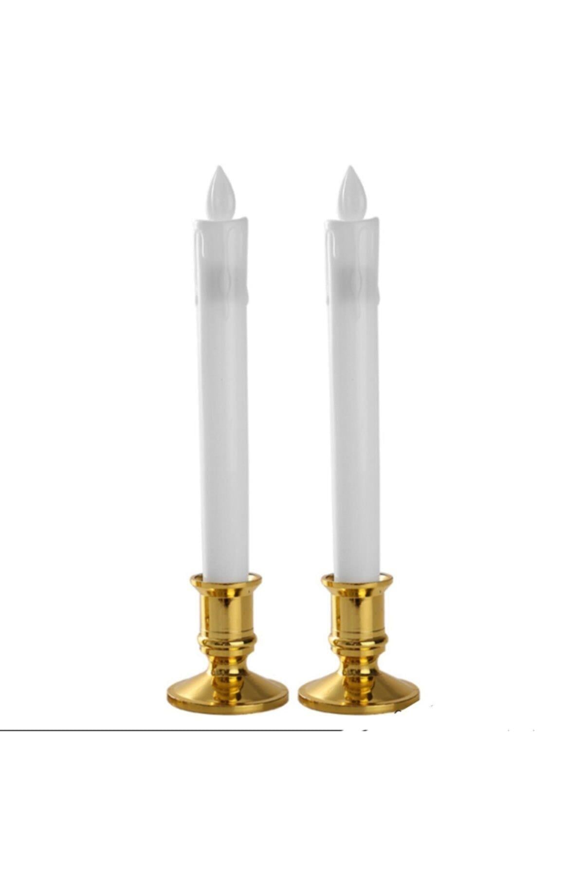Romantik Titreyen Gerçek Görünüm Led 2 Li Şamdan Mum Seti Masa Sofra Dekorasyon Gold Altın Pilli