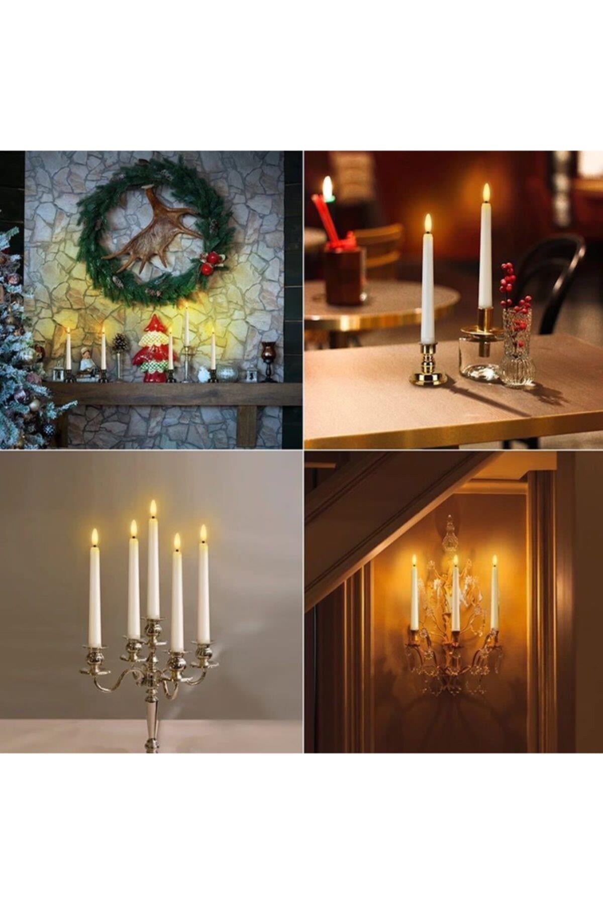 Romantik Titreyen Gerçek Görünüm Led 2 Li Şamdan Mum Seti Masa Sofra Dekorasyon Gold Altın Pilli