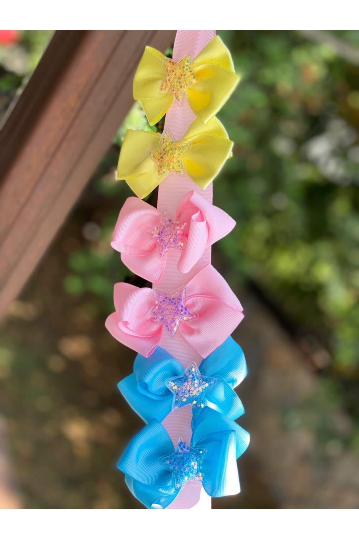 Sarı Pembe Mavi Simli Pullu Yıldızlı Mini Fiyonk Toka Seti 6’lı Metal Pensli