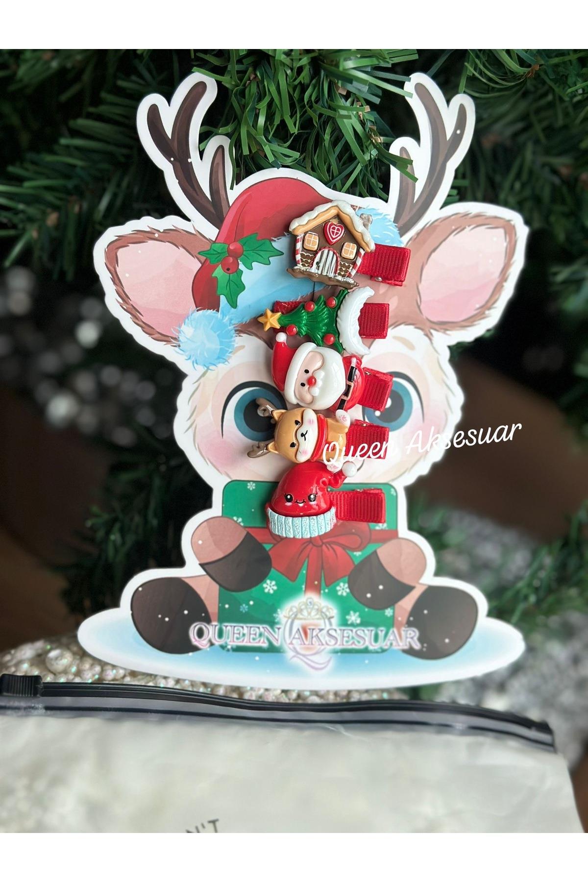 şeffaf fermuar çantalı sevimli yılbaşı toka seti pensli Noel baba çam ağacı geyik
