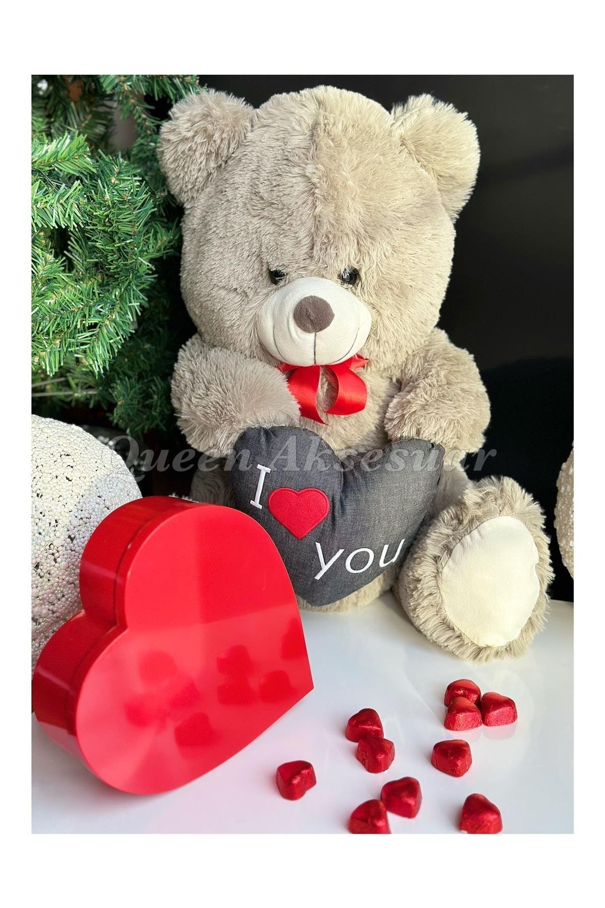 Sevgililer Günü Dev Lüks Peluş Oyuncak Ayıcık Love Parlak Kırmızı Kalp Kutu Çikolata Hediye Seti