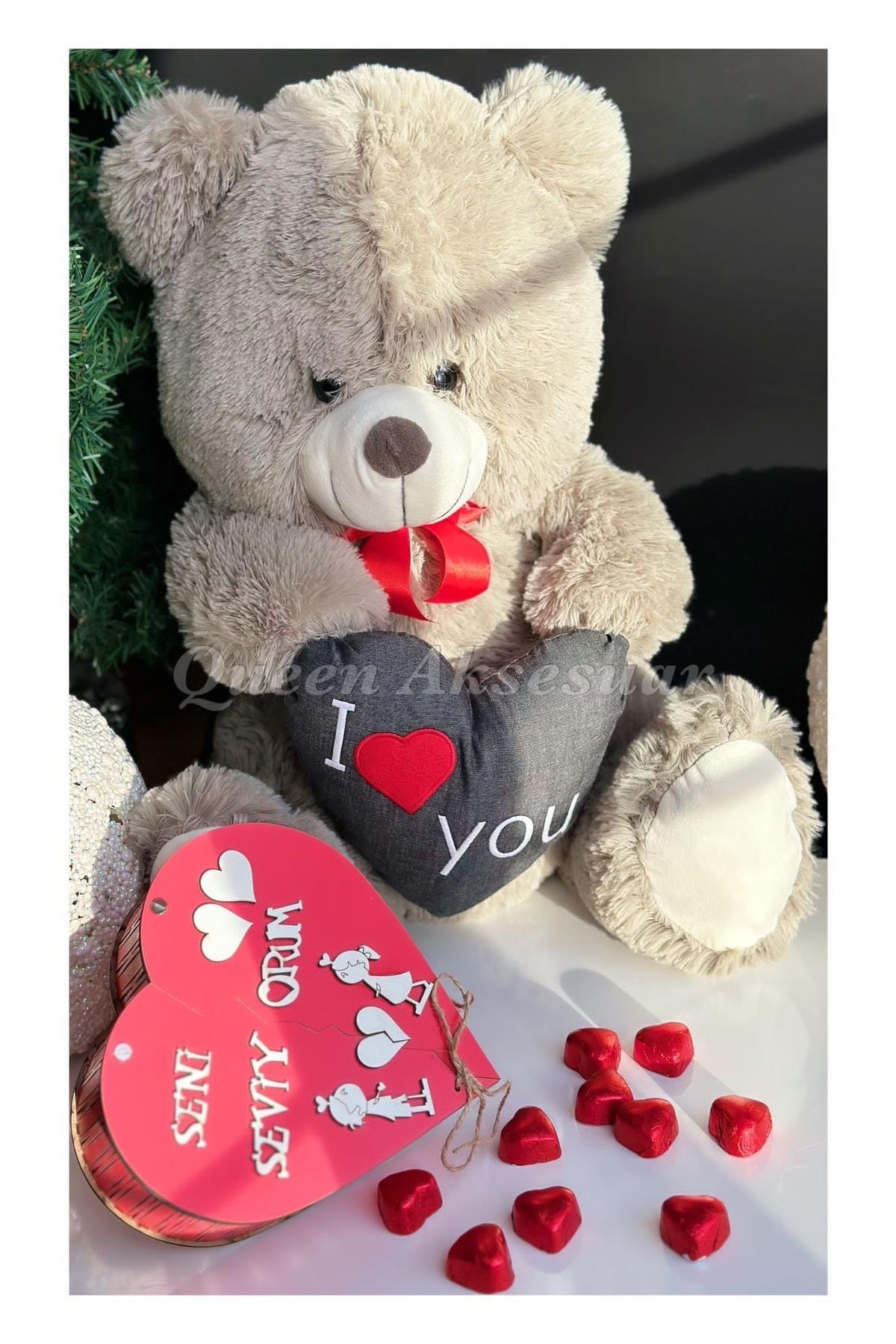 Sevgililer Günü Dev Lüks Peluş Oyuncak Ayıcık Love Ahşap Kalp Kutu Çikolata Hediye Seti