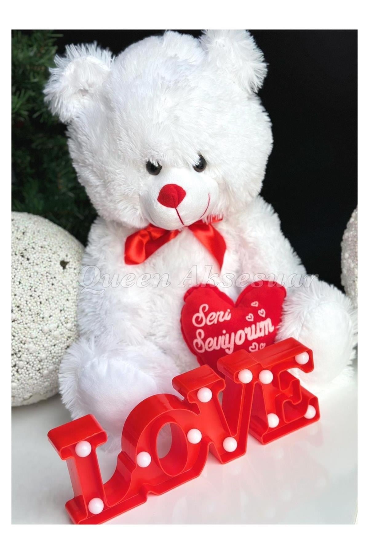 Sevgililer Günü Özel Dev Peluş Sevimli Kırmızı Kalpli Oyuncak Ayıcık Love Masa Gece Lambası Hediye