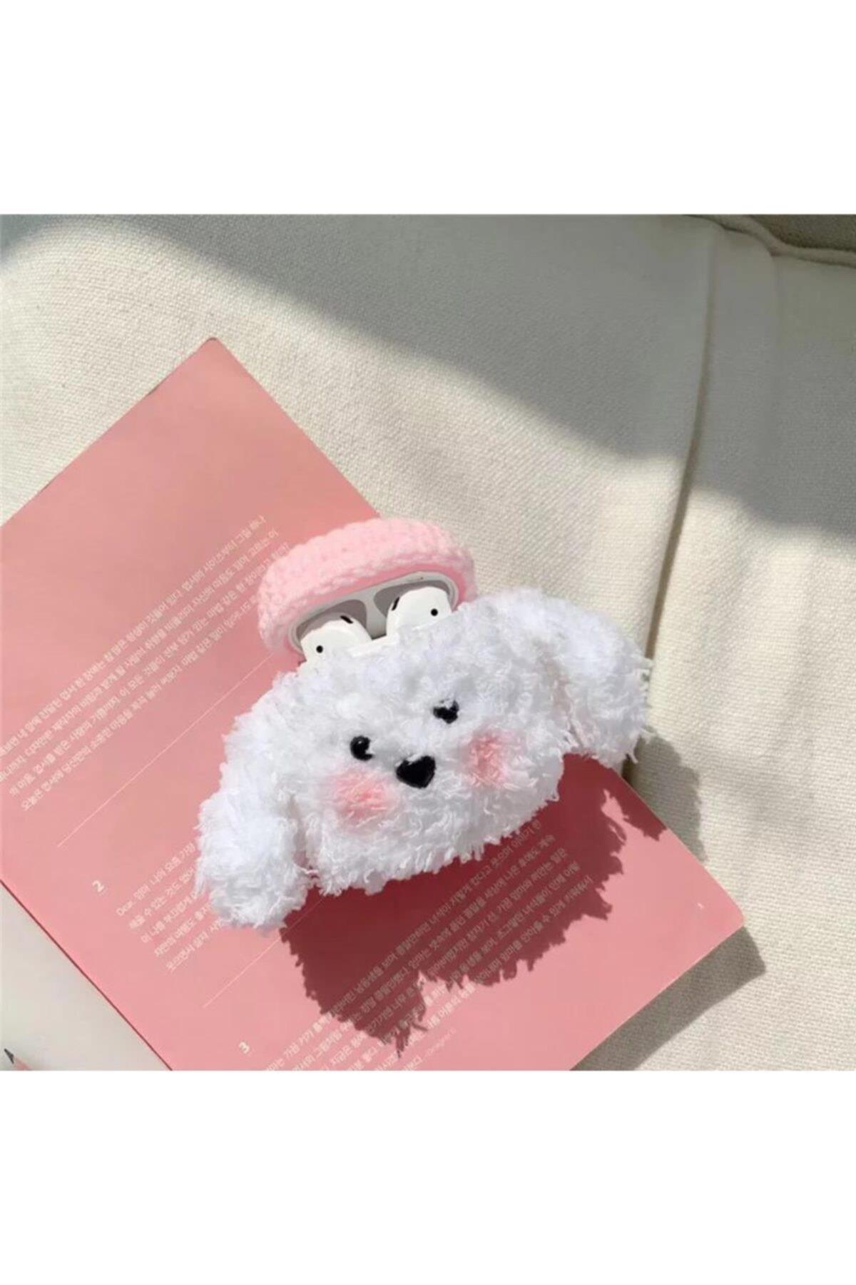 Sevimli Beyaz Pembe Şapkalı Peluş Tüylü Köpek   Kılıf Kapak