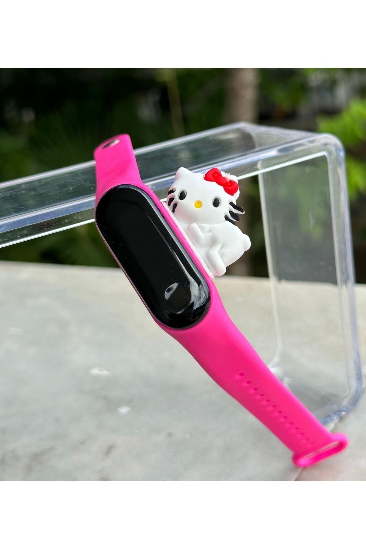 Sevimli hello kitty kedili pembe led gösterge dokunmatik kız çocuk saati