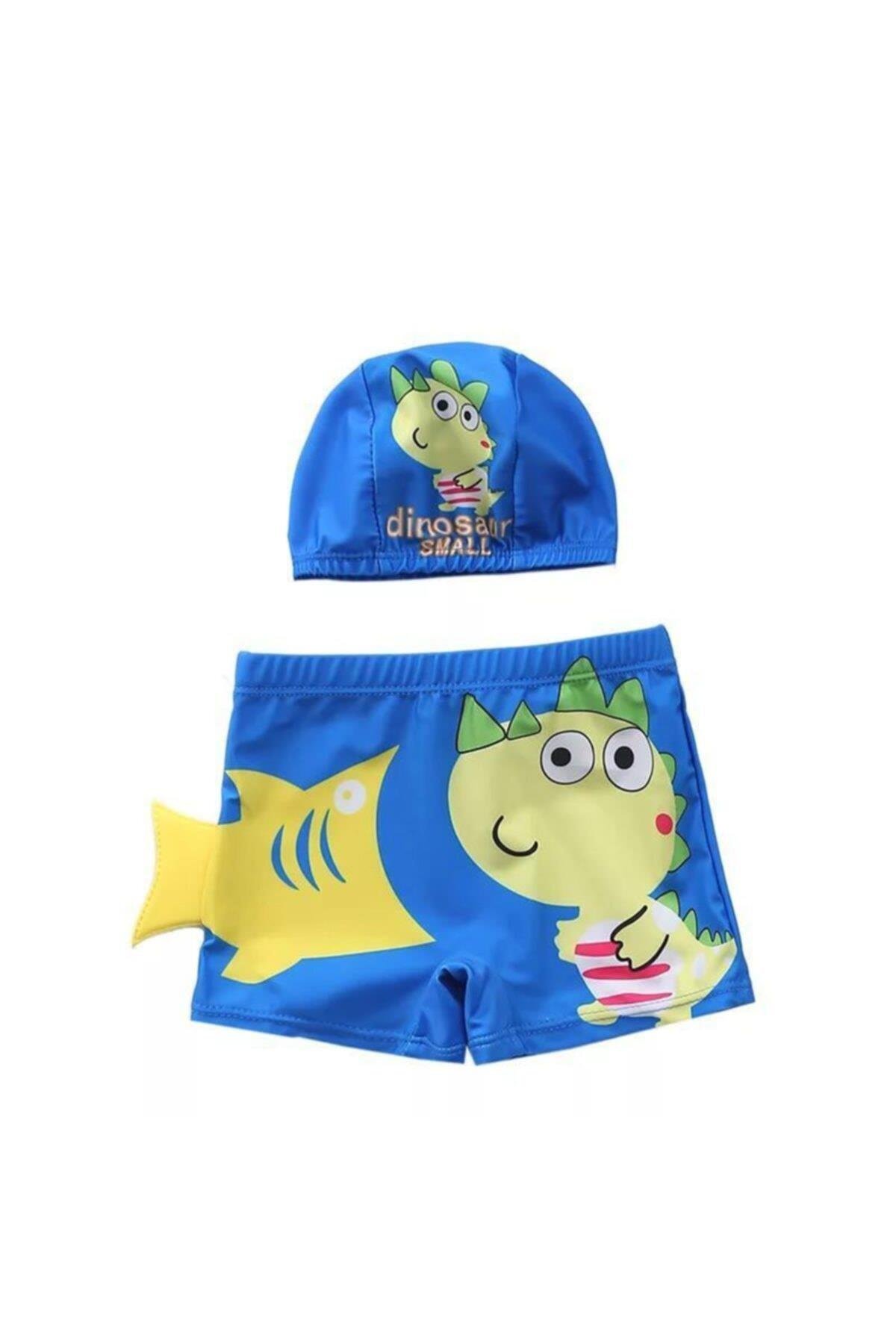 Sevimli Mavi Dinozor Uv Korumalı Erkek Çocuk Deniz Havuz Mayo Slip Şort Bone Takım Set