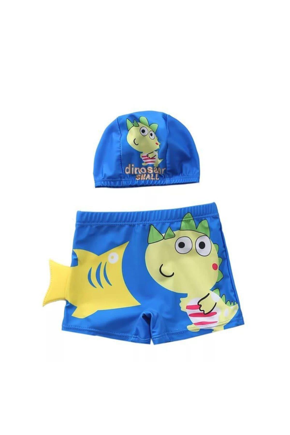 Sevimli Mavi Dinozor Uv Korumalı Erkek Çocuk Deniz Havuz Mayo Slip Şort Bone Takım Set