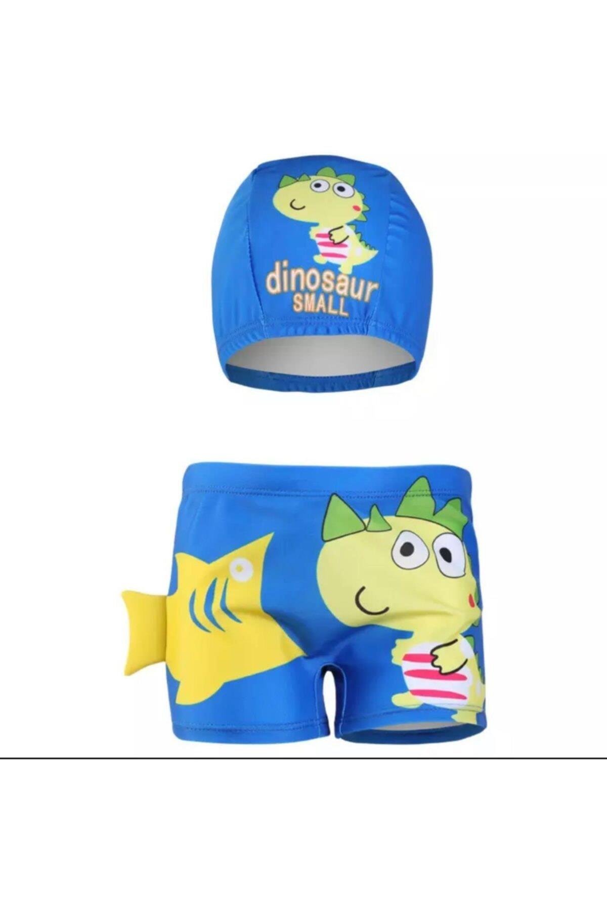 Sevimli Mavi Dinozor Uv Korumalı Erkek Çocuk Deniz Havuz Mayo Slip Şort Bone Takım Set