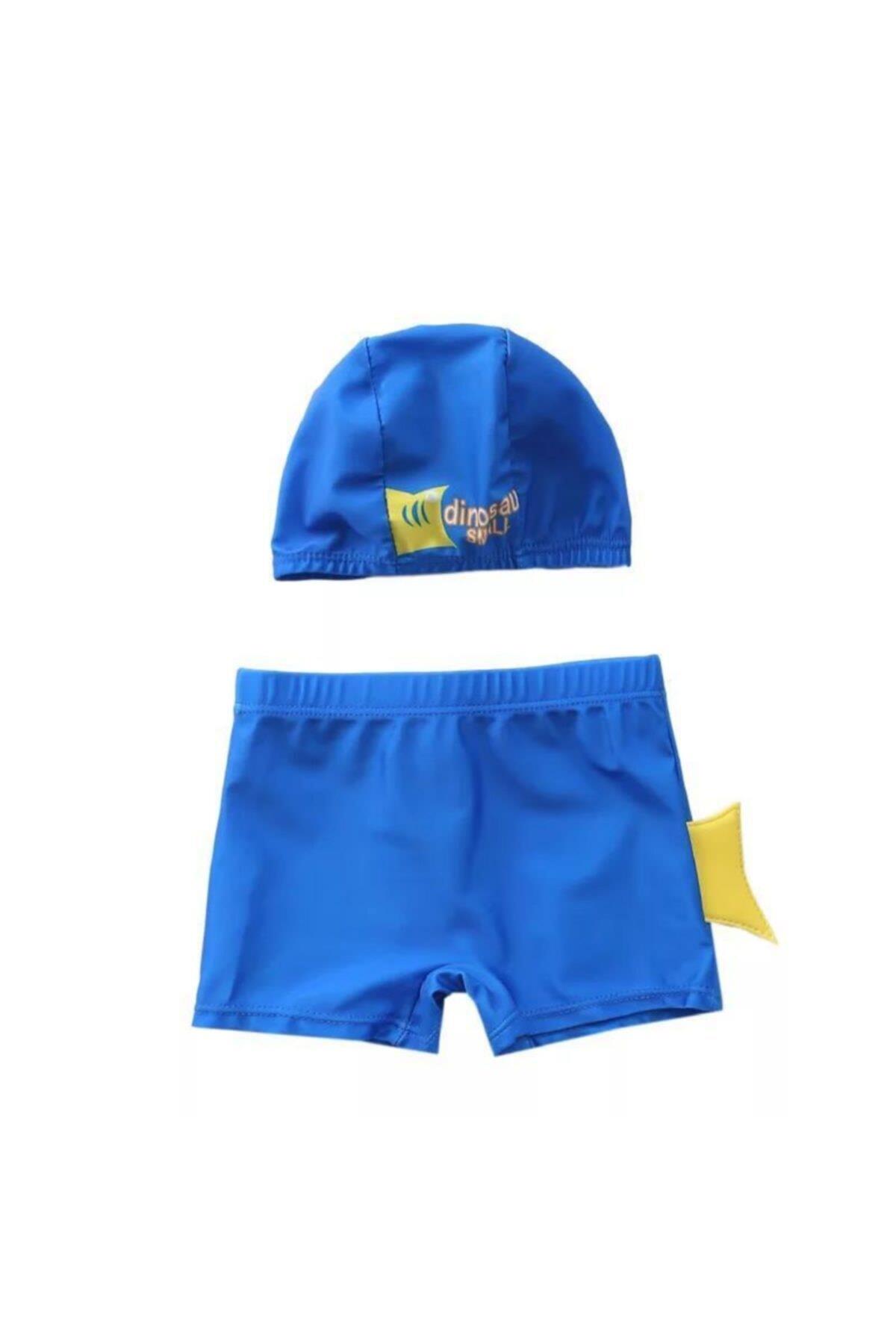 Sevimli Mavi Dinozor Uv Korumalı Erkek Çocuk Deniz Havuz Mayo Slip Şort Bone Takım Set