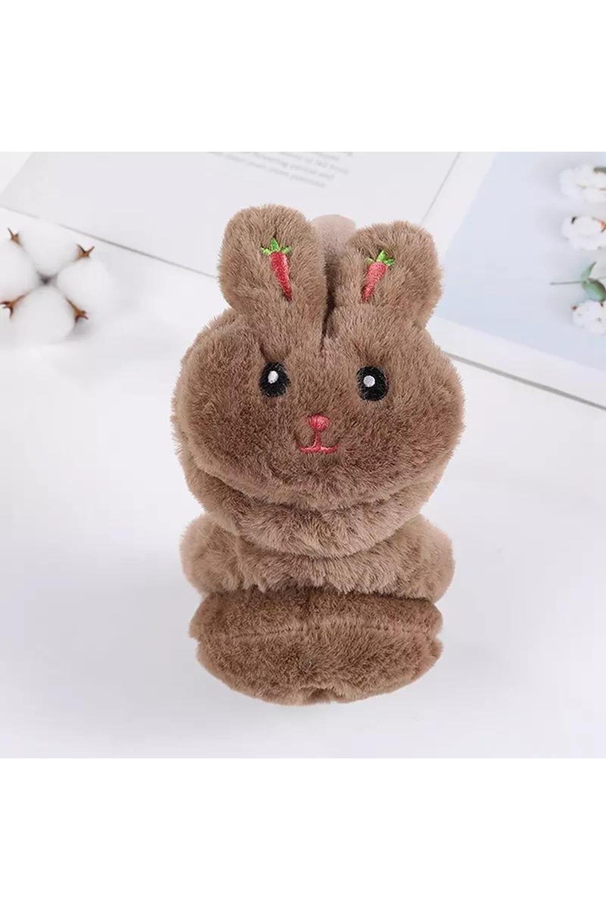 Sevimli Pofuduk Tüylü Peluş Kaşmir Oyuncak Tavşan Kulaklık Çocuk Kahverengi