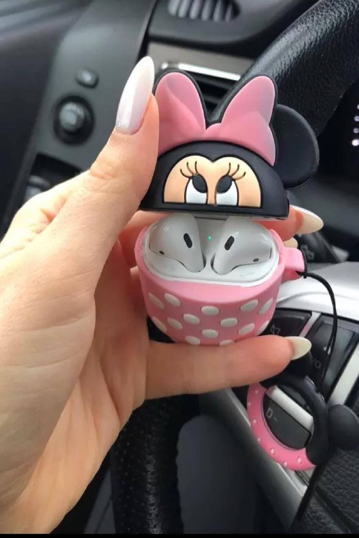 Şirin tasarım özel silikon askılı Air pods 1  2 kılıfı Minnie Mouse Mini Fare