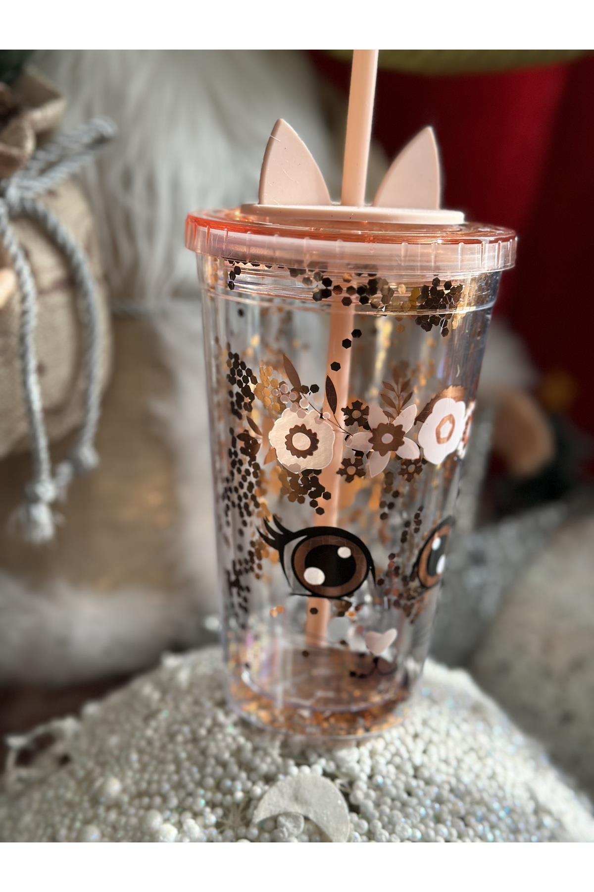 Starbucks Tarz Hareketli Pullu Silikon Kulaklı Çiçekli Kedi Pipetli Termos Bardak Pembe