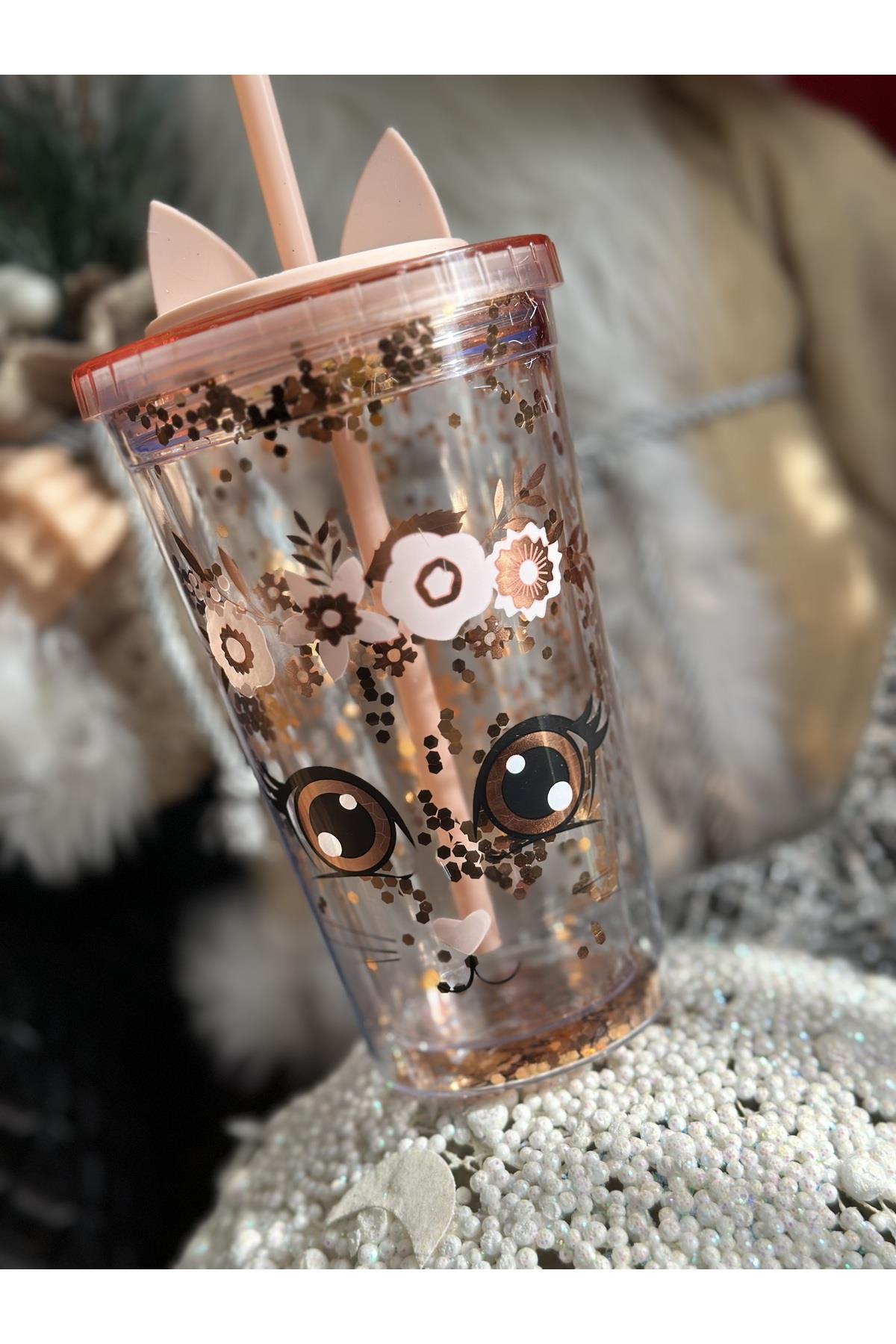 Starbucks Tarz Hareketli Pullu Silikon Kulaklı Çiçekli Kedi Pipetli Termos Bardak Pembe