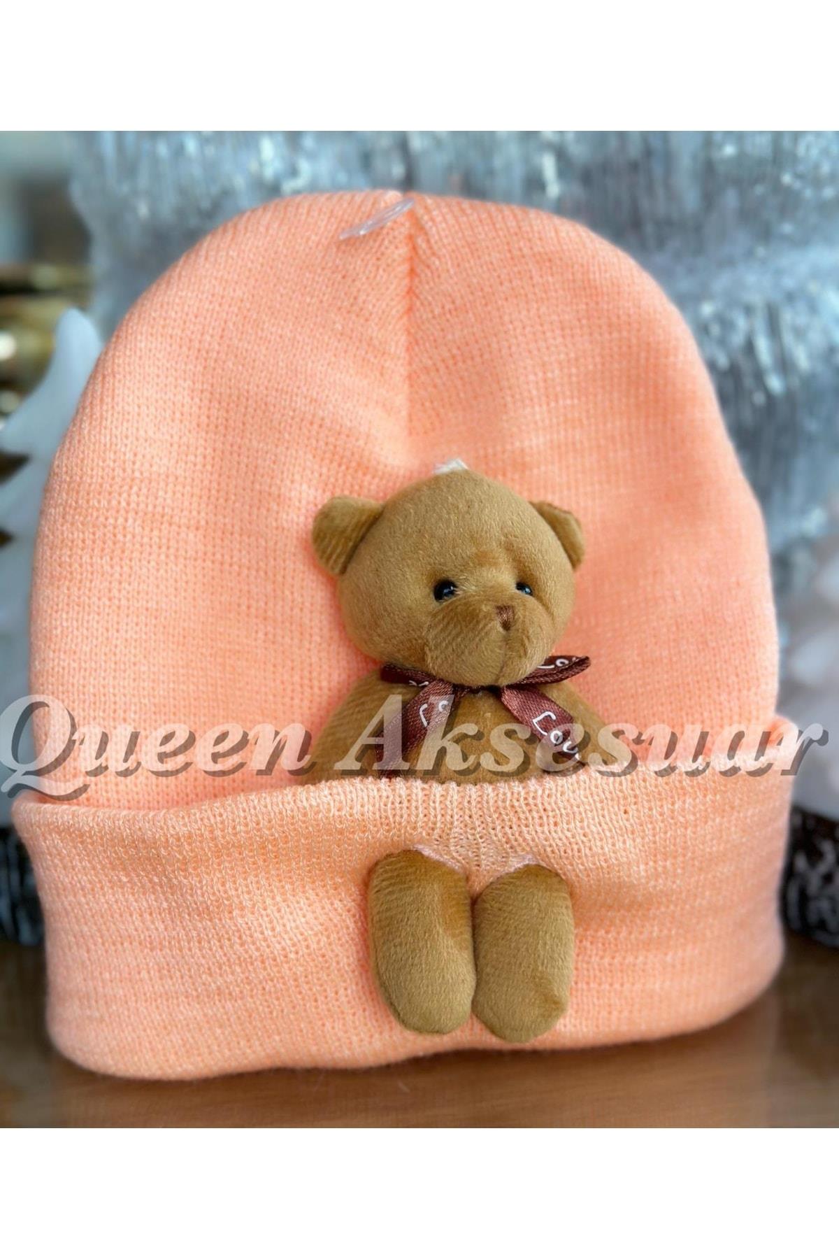 Tasarım Sevimli Peluş Ayıcıklı Yetişkin Erkek Kız Unisex Çocuk Şapkası Yavruağzı Turuncu