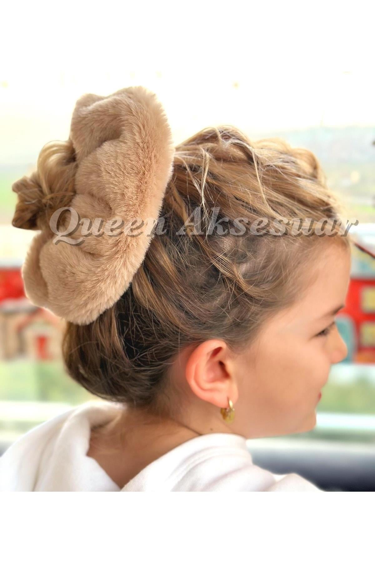 Trend Lüks Ithal Dev Pofuduk Kürk Tüylü Peluş Simit Toka Kadın Yetişkin Çocuk Tokası Açık Kahverengi