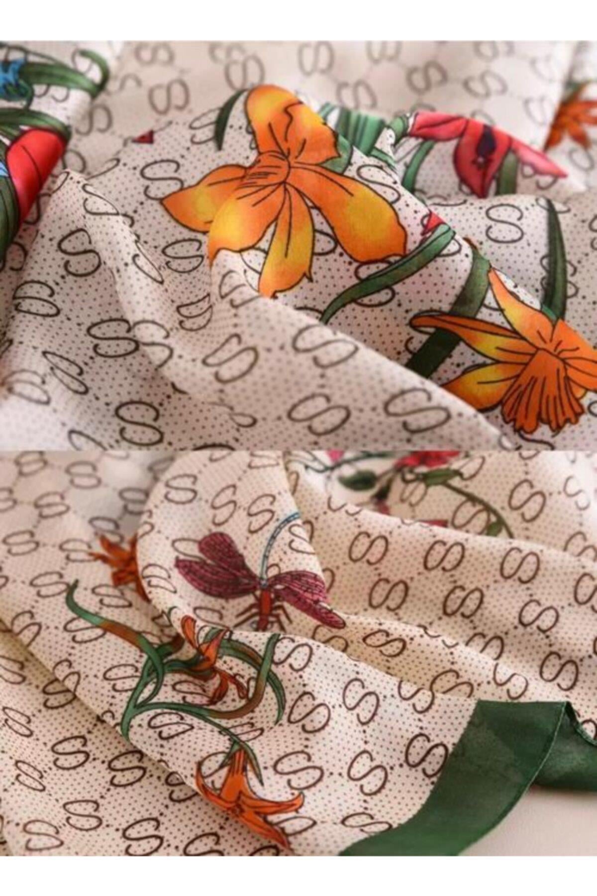 Trend Moda Çiçek Desenli Yeşil Ipek Eşarp Şal 90x180