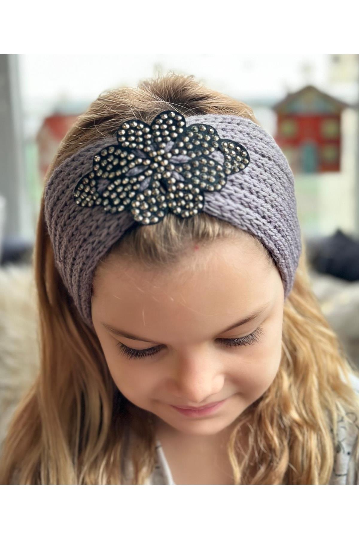 Trend Moda Lüks Kadın Çocuk Örgü Örme Zımba Taş Broş Logolu Bandana Saç Bantı Kulaklık Gri Otantik