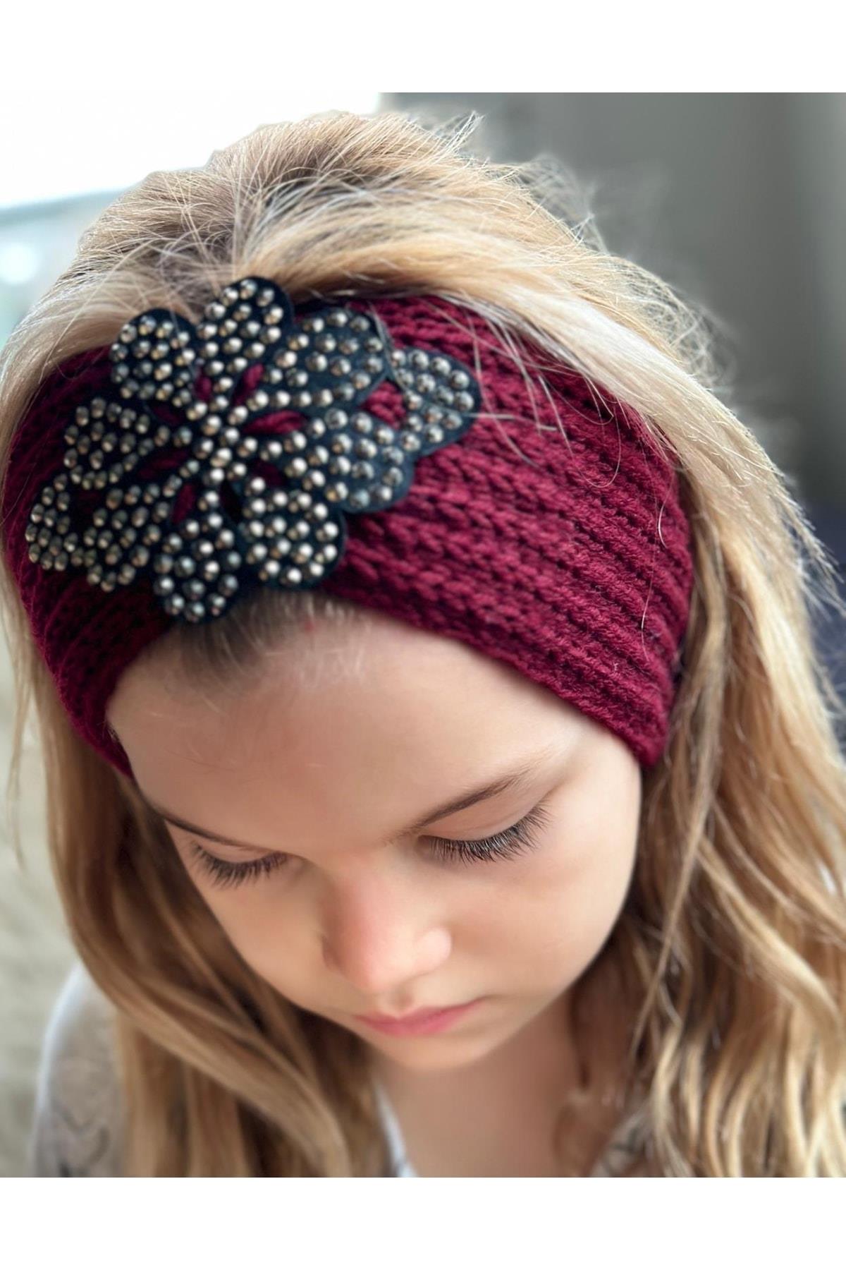 Trend Moda Lüks Kadın Çocuk Örgü Örme Zımba Taş Broş Logolu Bandana Saç Bantı Kulaklık Vişne Bordo